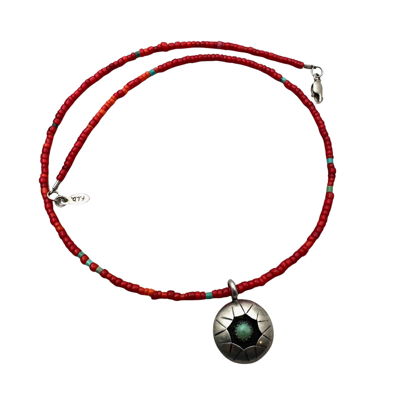 American Southwest Turquoise Shadow Box Sterling Silver Pendant Coral Chain 16 Inch (1 of 2)