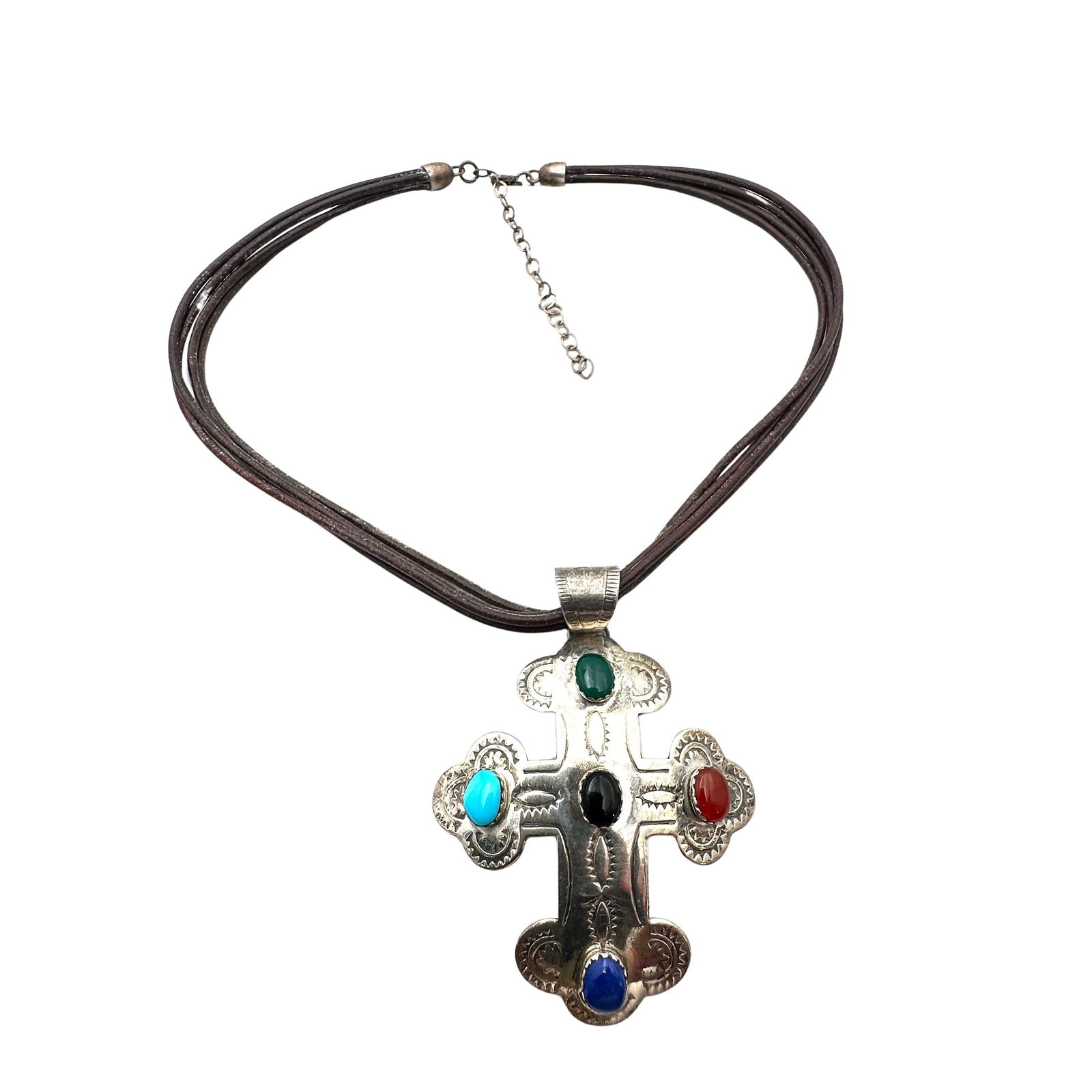Multi Gemstone Sterling Silver Cross Pendant Brown Leather Necklace 20 Inch Chain 3 Inch Pendant (1 of 2)