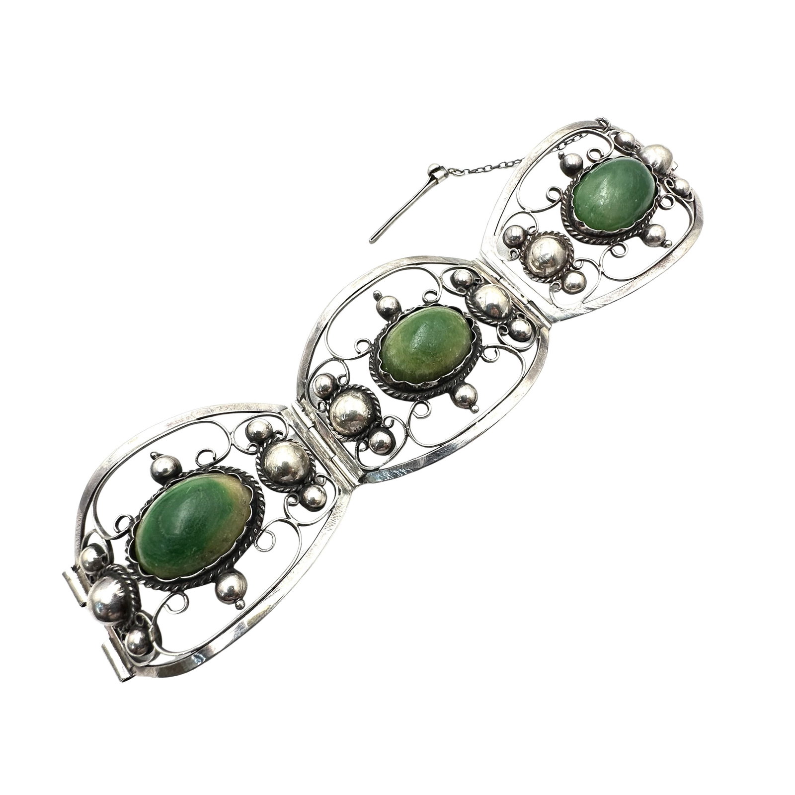 Vintage Huge Early Mexico Sterling Silver Green Gemstone 1 3/4 Wide Bracelet 7 3/4 Inch 70 Grams: Vintage Huge Early Mexico Sterling Silver Green Gemstone 1 3/4 Wide Bracelet 7 3/4 Inch 70 Grams
