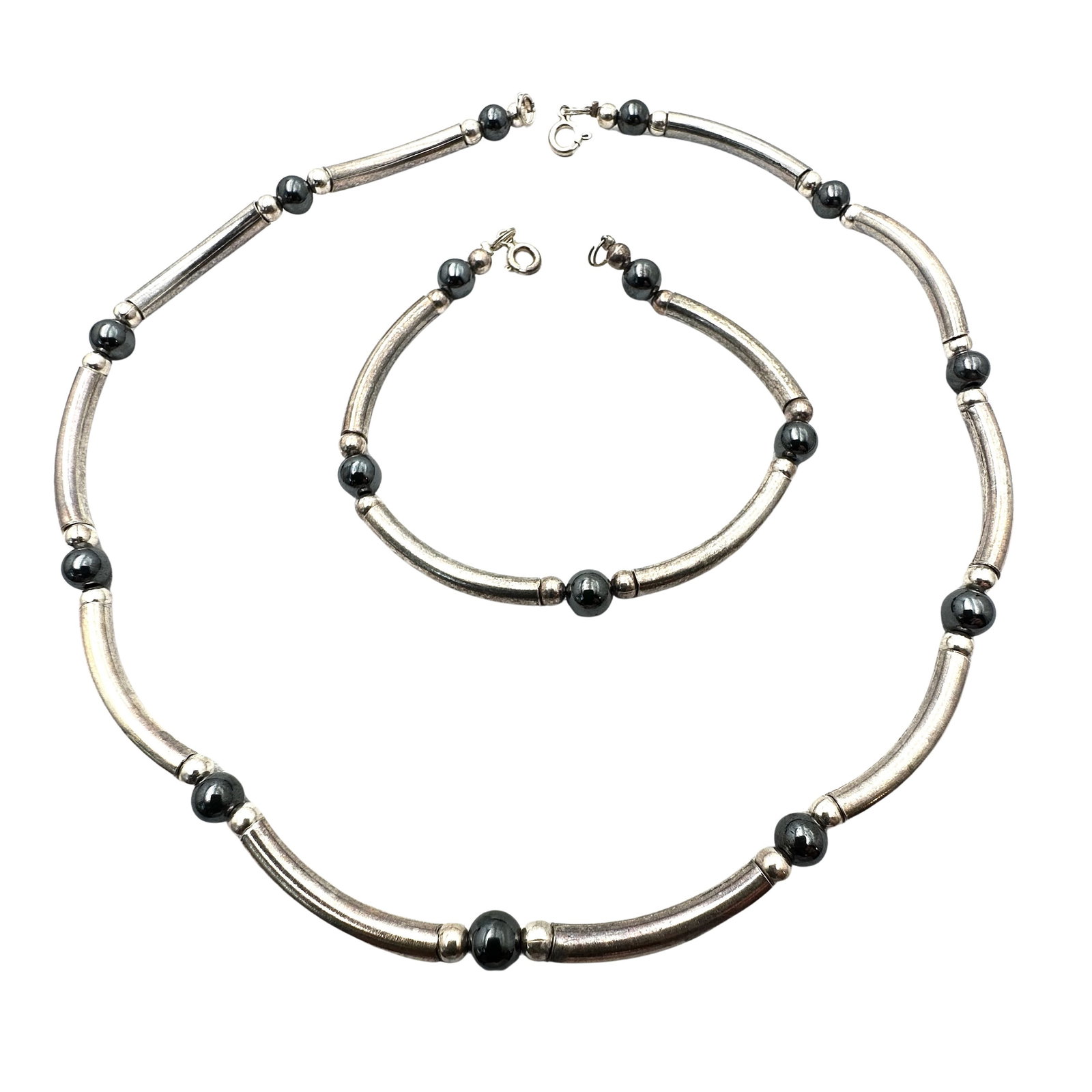 Sterling Silver Hematite Bead 16 Inch Necklace 7 Inch Bracelet Set 32 Grams: Sterling Silver Hematite Bead 16 Inch Necklace 7 Inch Bracelet Set 32 Grams