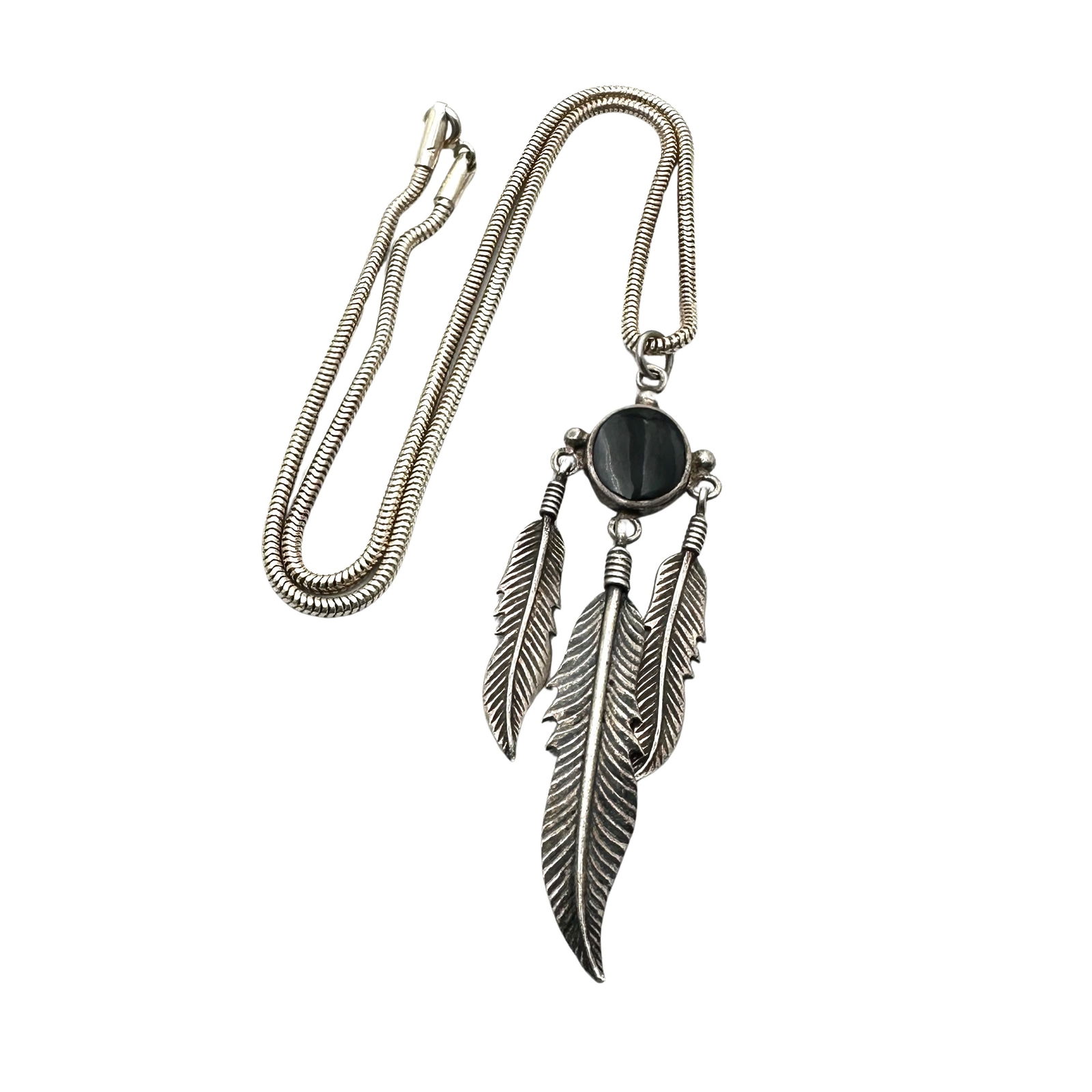 American Southwest Black Onyx Feather 2 Inch Pendant Sterling Silver Necklace16 Inch Chain 12 Grams (1 of 2)