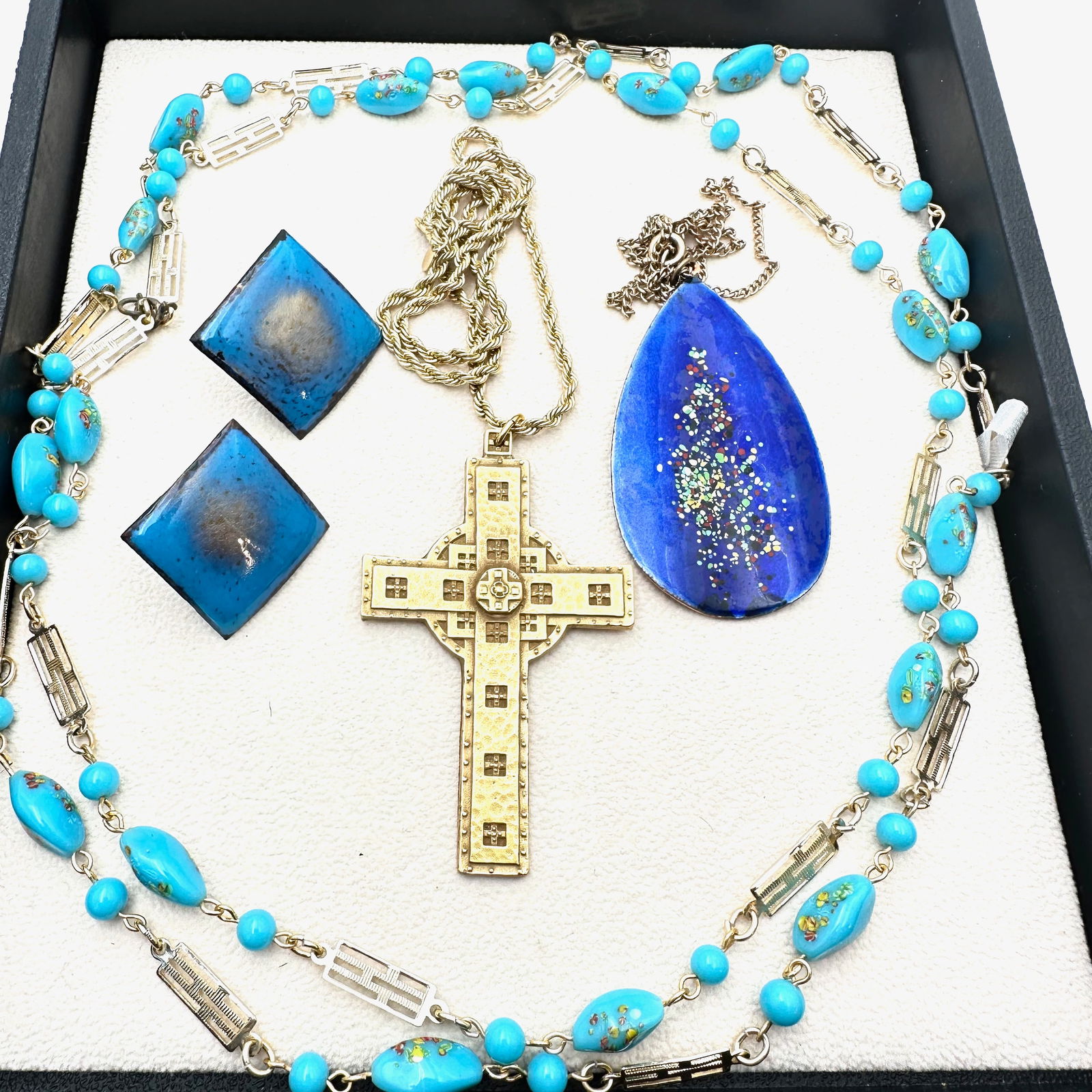 Jewelry Group Vintage Art Glass Bead Necklace Blue Copper Necklace Earrings Museum Cross Necklace (1 of 2)