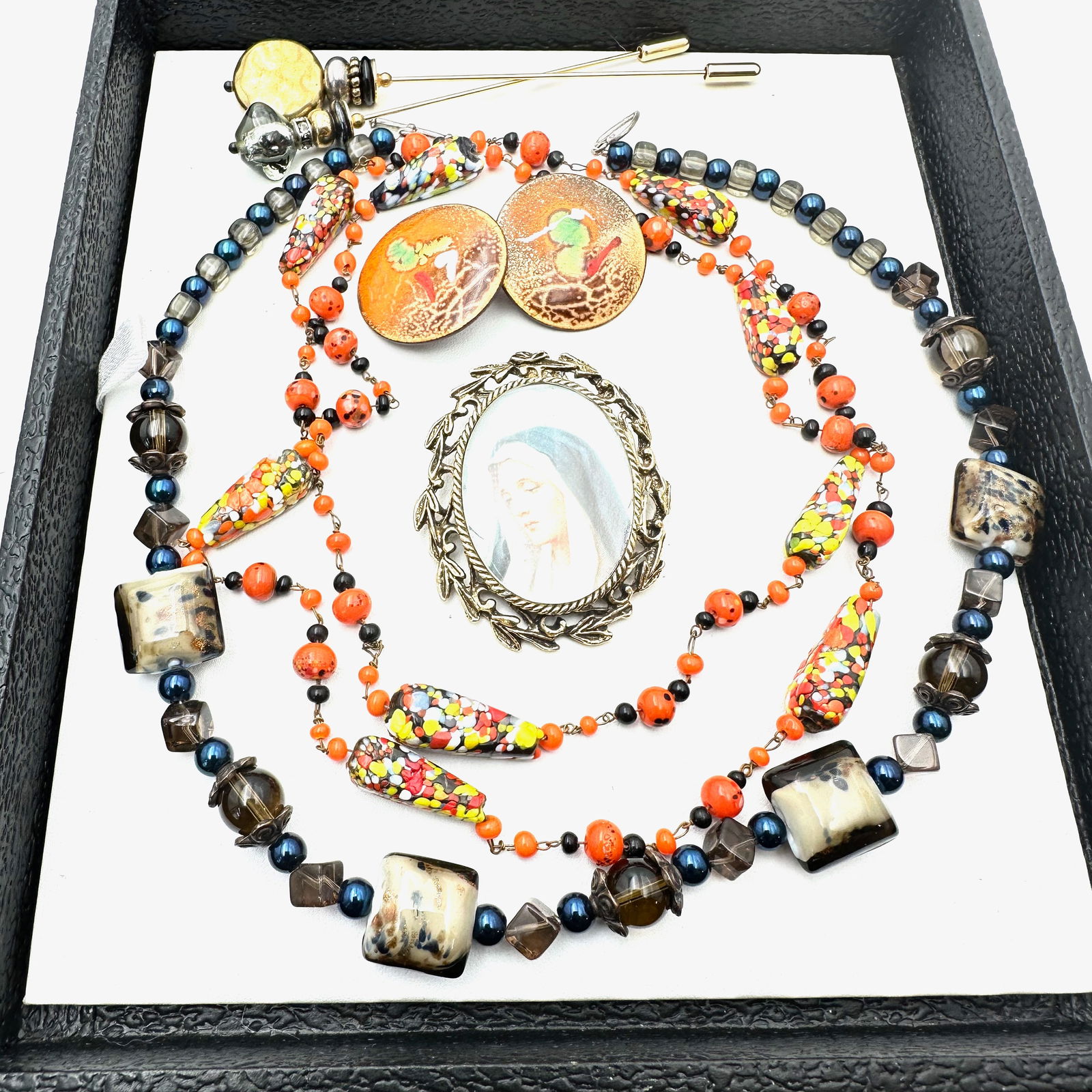 Jewelry Group Vintage Italian Art Glass Bead Necklace Mother Mary Portrait Brooch Copper Earrings: Jewelry Group Vintage Italian Art Glass Bead Necklace Mother Mary Portrait Brooch Copper Earrings