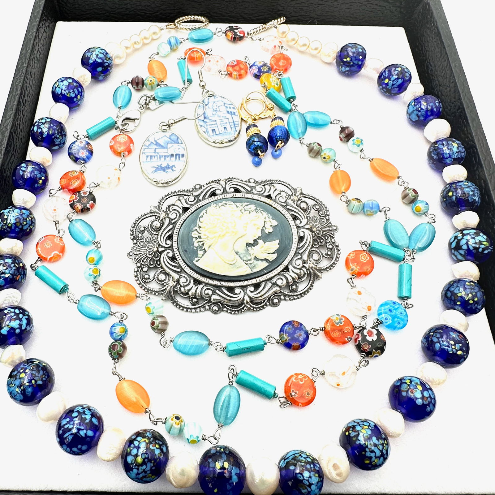 Jewelry Group Vintage Blue Art Glass Italian Beads Cameo Brooch Porcelain Earrings (1 of 2)