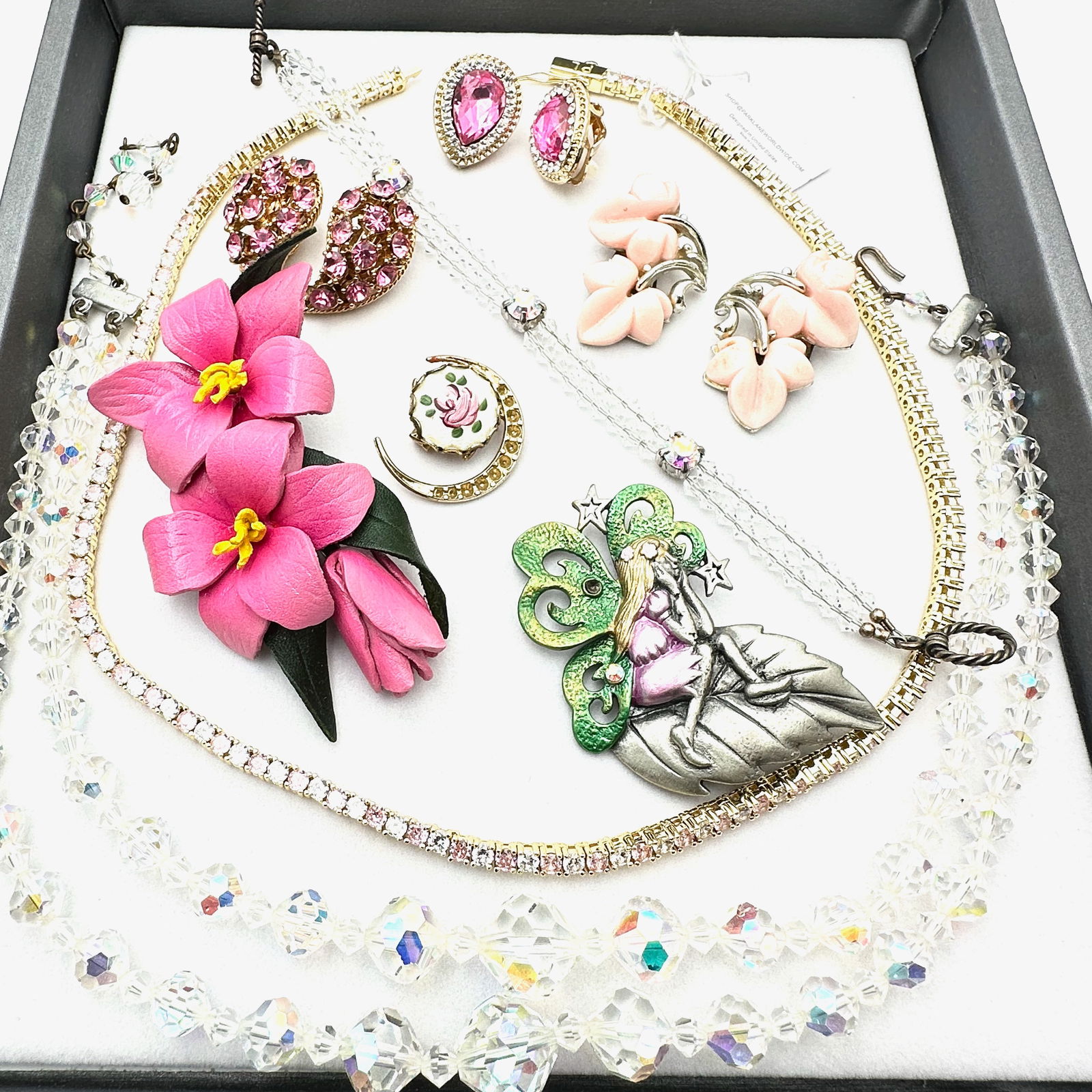 Jewelry Group Vintage Pink Rhinestone Earrings Fairy Brooch Tennis Necklace Aurora Borealis Crystals (1 of 2)