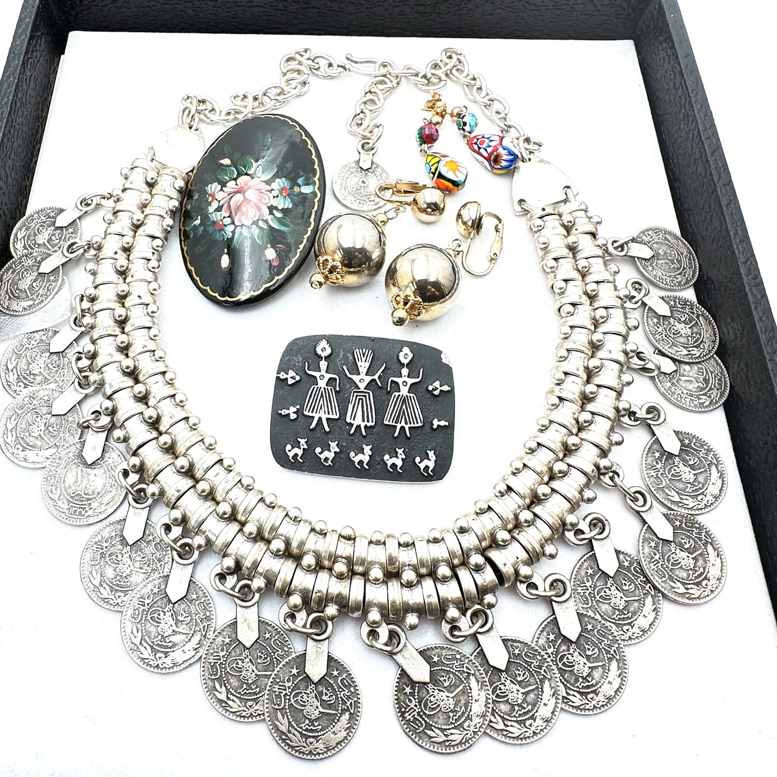 Jewelry Group Vintage Ethnic Coin Silver Tone Statement Necklace Brooches Earrings (1 of 2)