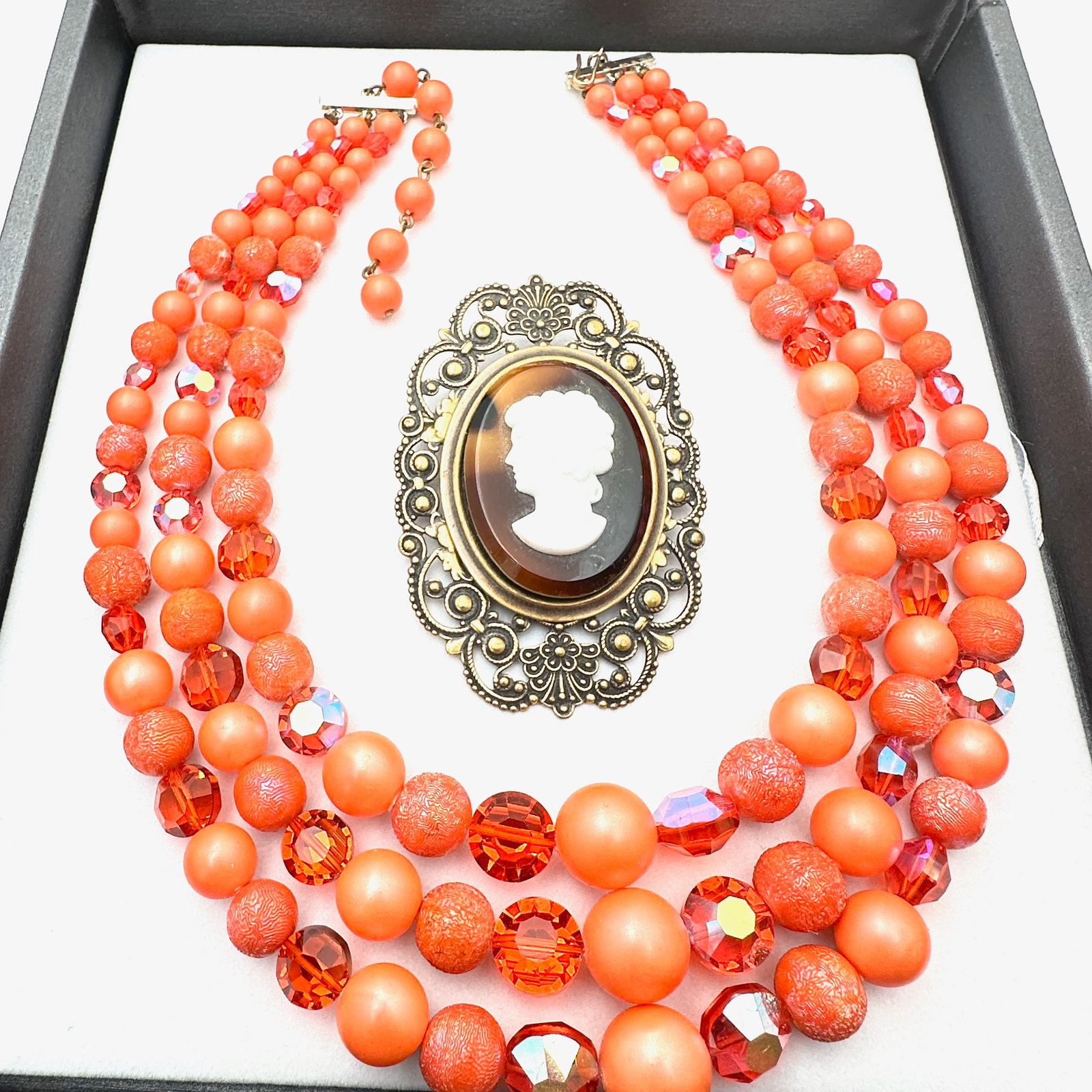 Jewelry Group Vintage Coral Pink Glass Bead Necklace Cameo Portrait Gold Tone Brooch: Jewelry Group Vintage Coral Pink Glass Bead Necklace Cameo Portrait Gold Tone Brooch