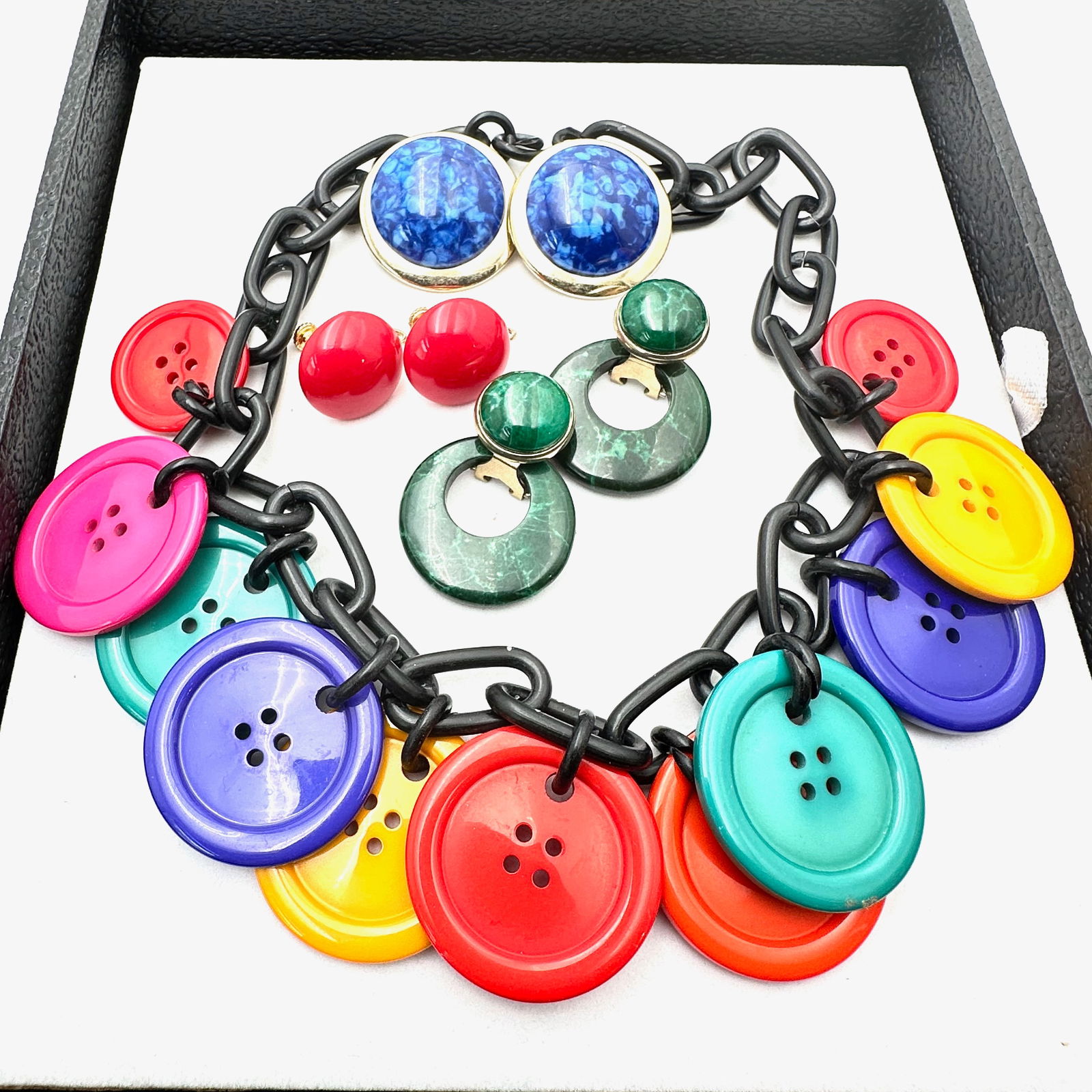Jewelry Group Vintage Multicolor Lucite Button Necklace Early Plastics Earrings (1 of 2)
