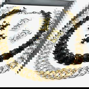 Jewelry Group Vintage Black Glass Rhinestone Choker Necklace Earrings Gold Tone Chain Necklace: Jewelry Group Vintage Black Glass Rhinestone Choker Necklace Earrings Gold Tone Chain Necklace