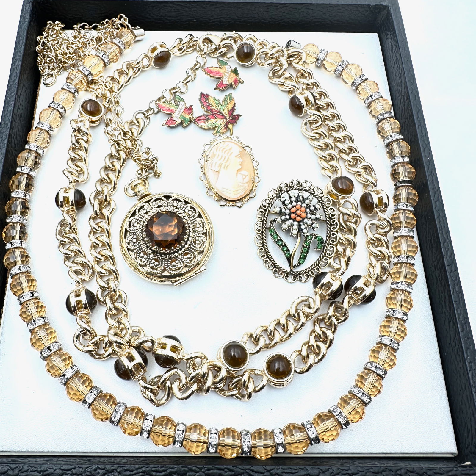 Jewelry Group Vintage Amber Color Locket Necklace Crystals Rhinestones Enamel Brooches Cameo (1 of 2)