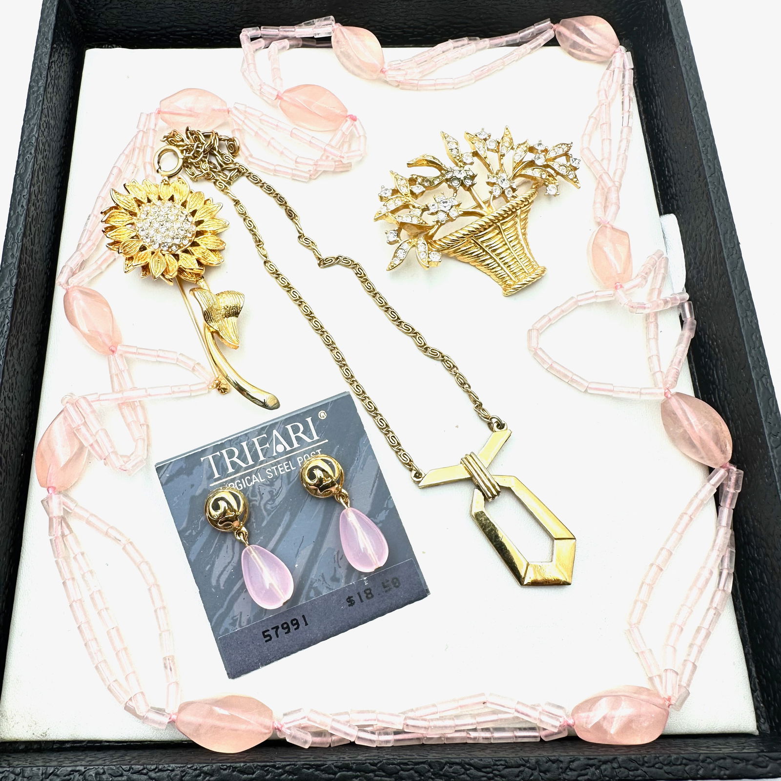 Jewelry Group Vintage Trifari Pink Earrings And Necklace Flower Basket Brooches Pink Glass Necklace: Jewelry Group Vintage Trifari Pink Earrings And Necklace Flower Basket Brooches Pink Glass Necklace