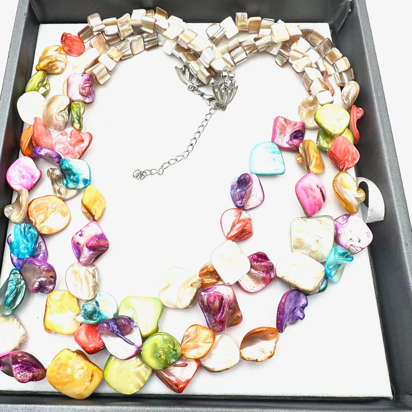 Multi Color Mother of Pearl Three Strand Necklace 20 to 22 Inch Length Statement Necklace (1 of 2)