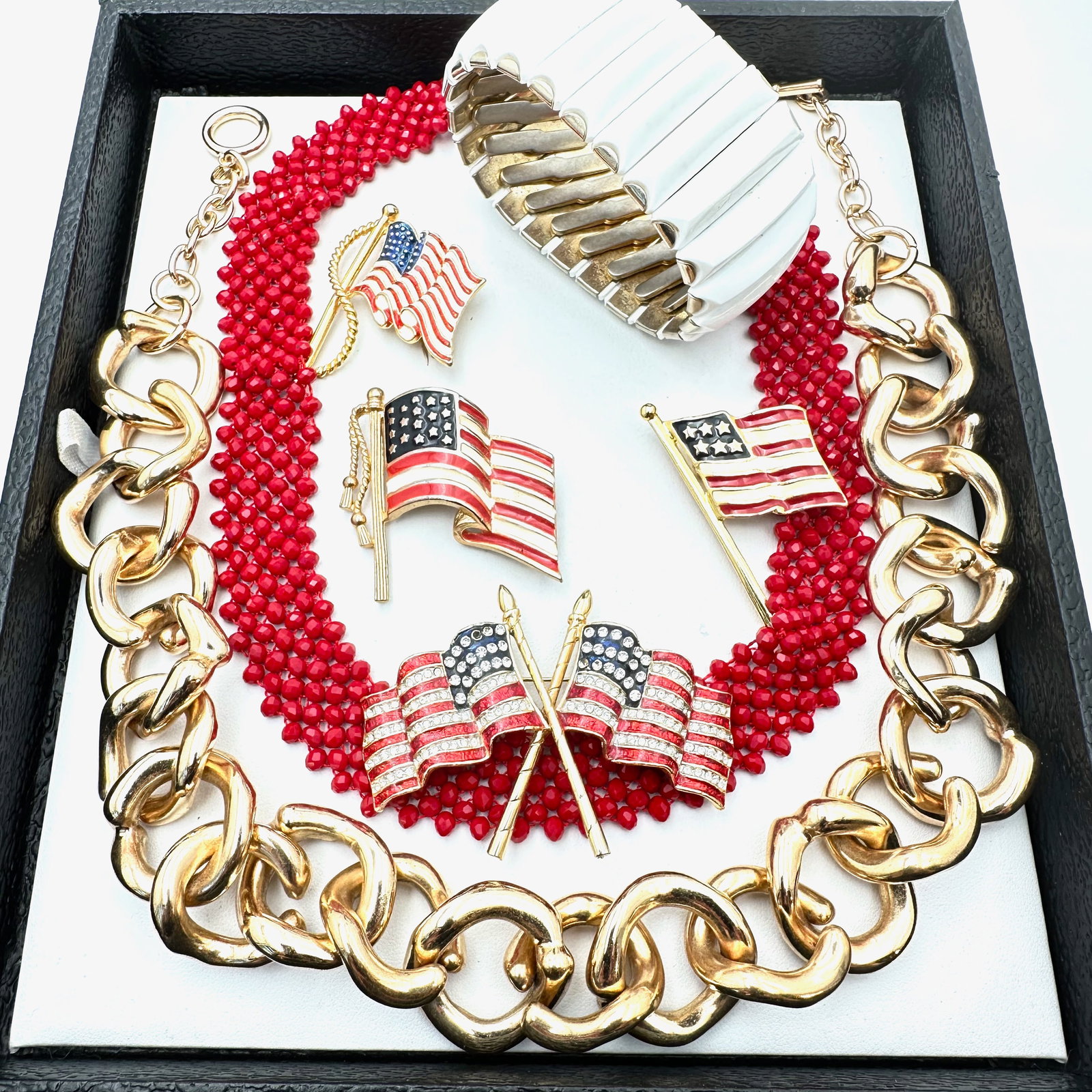 Jewelry Group Vintage Enamel Rhinestone Flag Brooches Red Glass Necklace Gold Tone Chain: Jewelry Group Vintage Enamel Rhinestone Flag Brooches Red Glass Necklace Gold Tone Chain