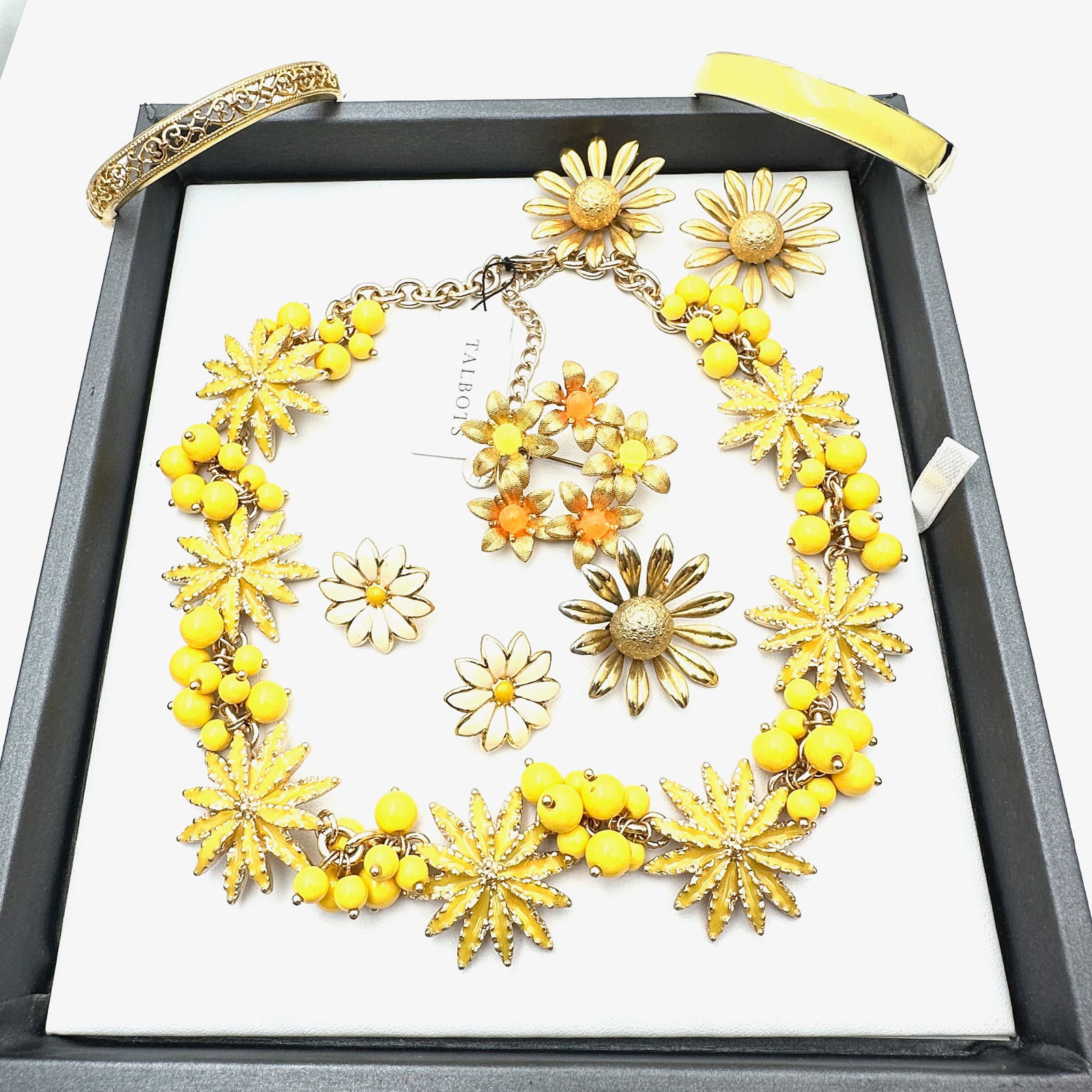 Jewelry Group Yellow Enamel Flower Statement Necklace Hinged Bangle Bracelets Flower Brooches Gold (1 of 2)