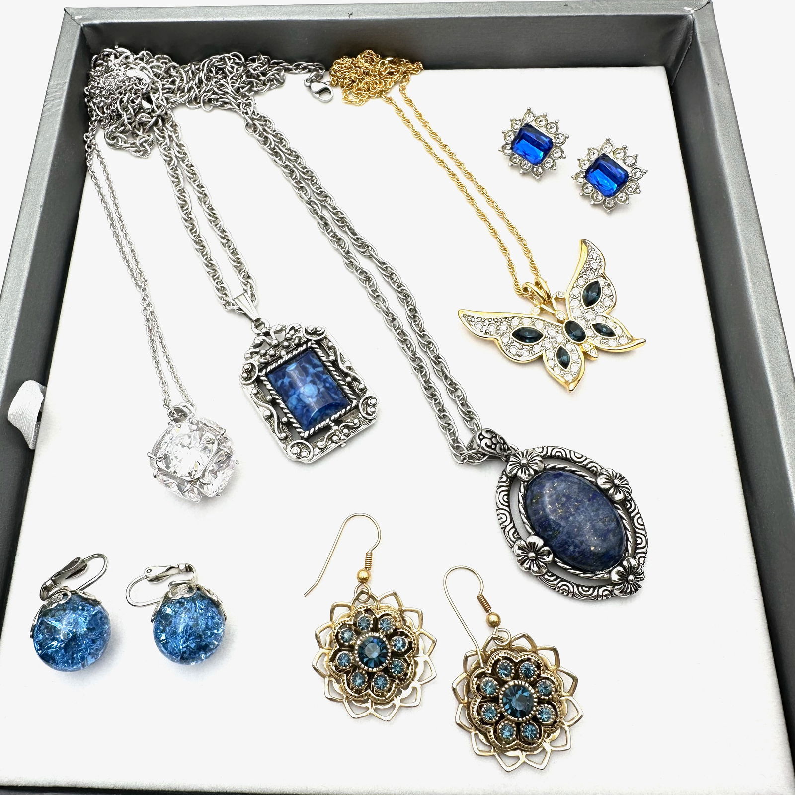 Jewelry Group Blue Rhinestone Earrings Butterfly Pendant Necklace Silver Gold Tone (1 of 2)