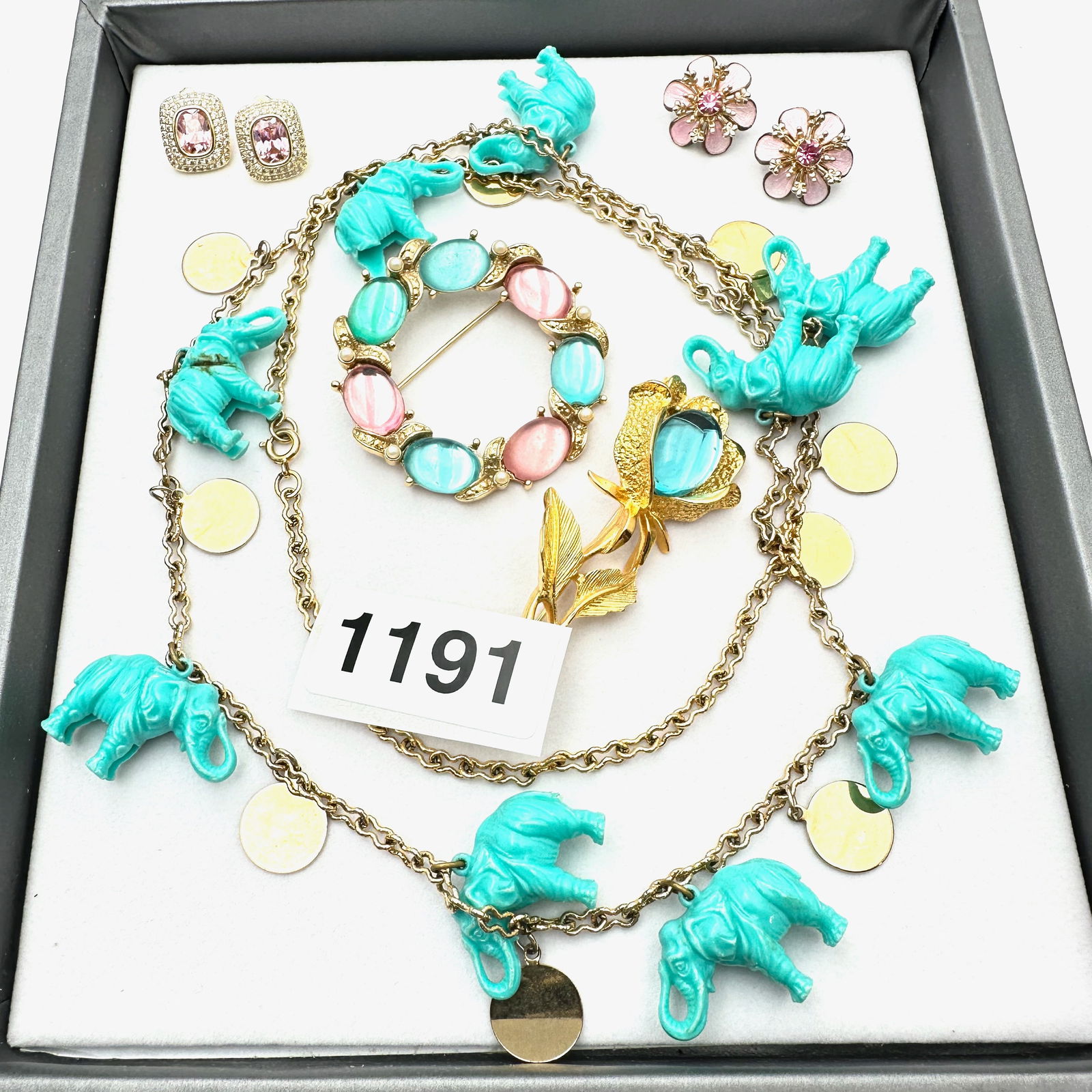 Jewelry Group Lucite Blue Elephant Gold Tone Necklace Rhinestone Earrings Flower Brooch (1 of 2)