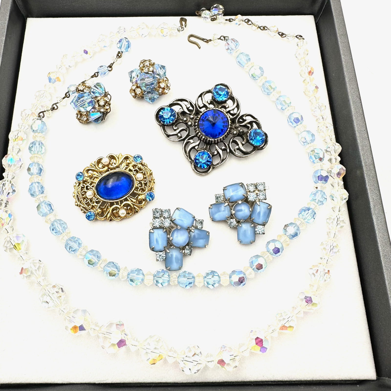 Jewelry Group Blue Clear Crystal Necklaces Rhinestone Brooches Earrings Silver Gold Tone (1 of 2)