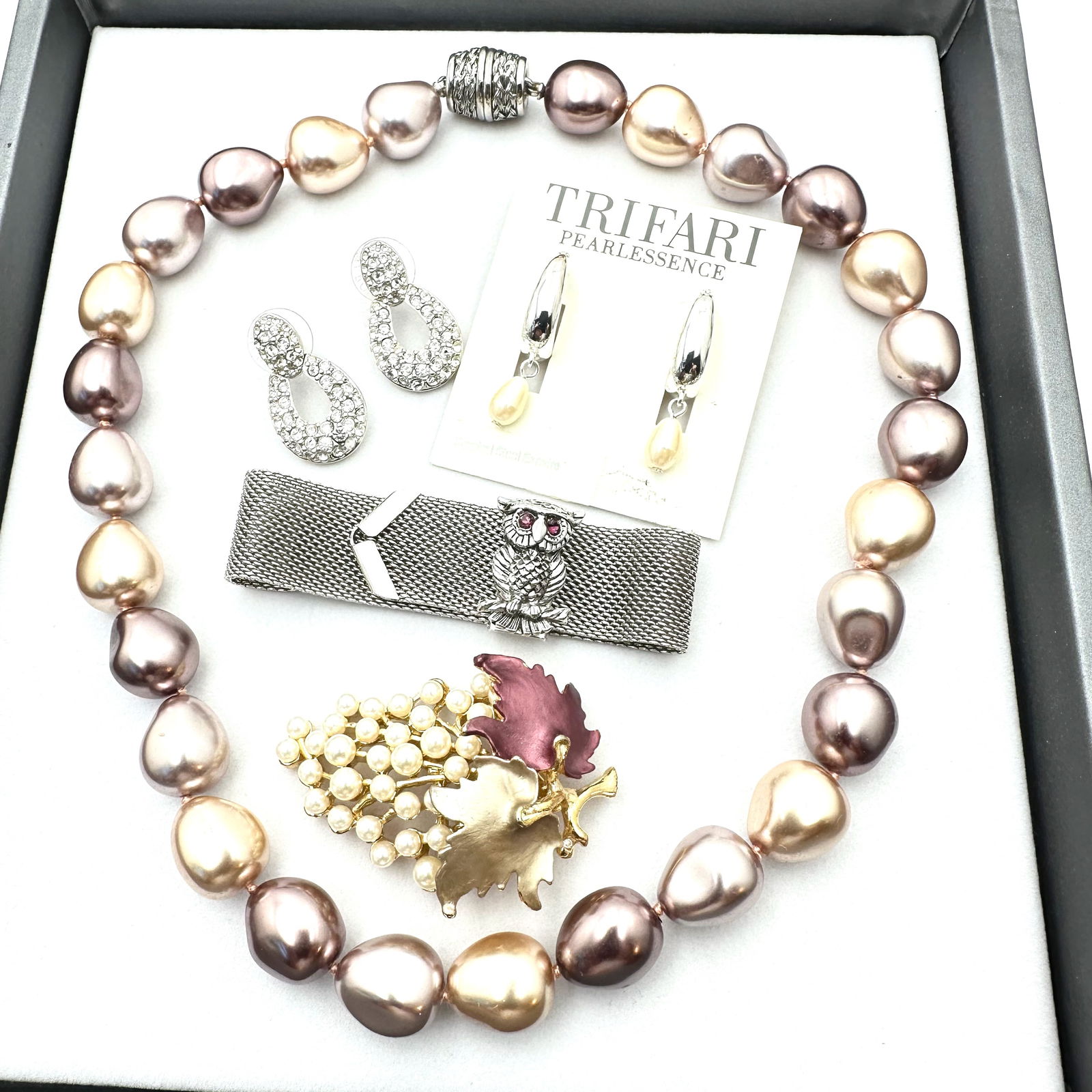 Jewelry Group Trifari Earrings Owl Bracelet Grape Brooch Clear Rhinestones Glass Pearl Necklace: Jewelry Group Trifari Earrings Owl Bracelet Grape Brooch Clear Rhinestones Glass Pearl Necklace