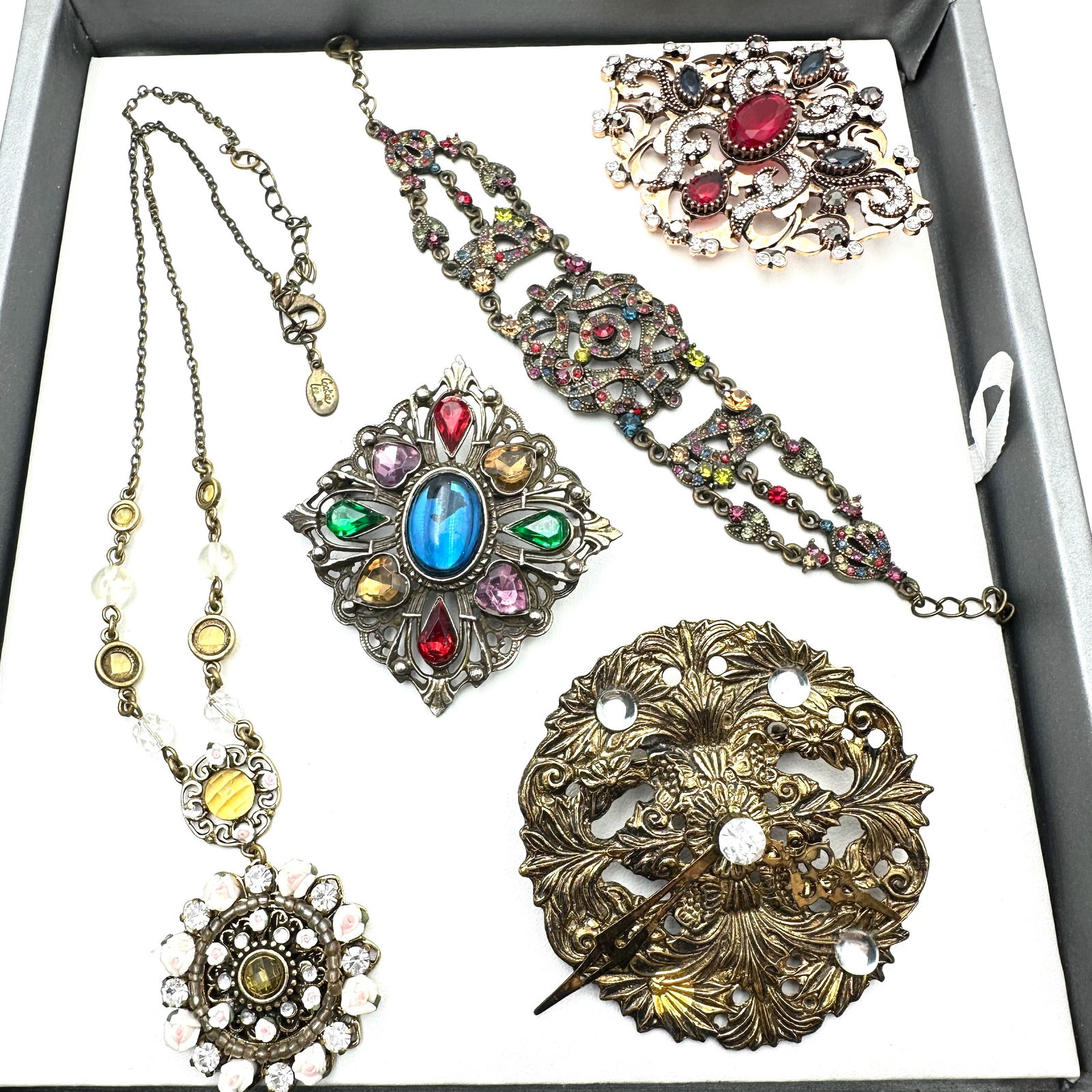 Jewelry Group Cookie Lee Necklace Rhinestone Antiqued Gold Tone Victorian Revival Brooches (1 of 2)