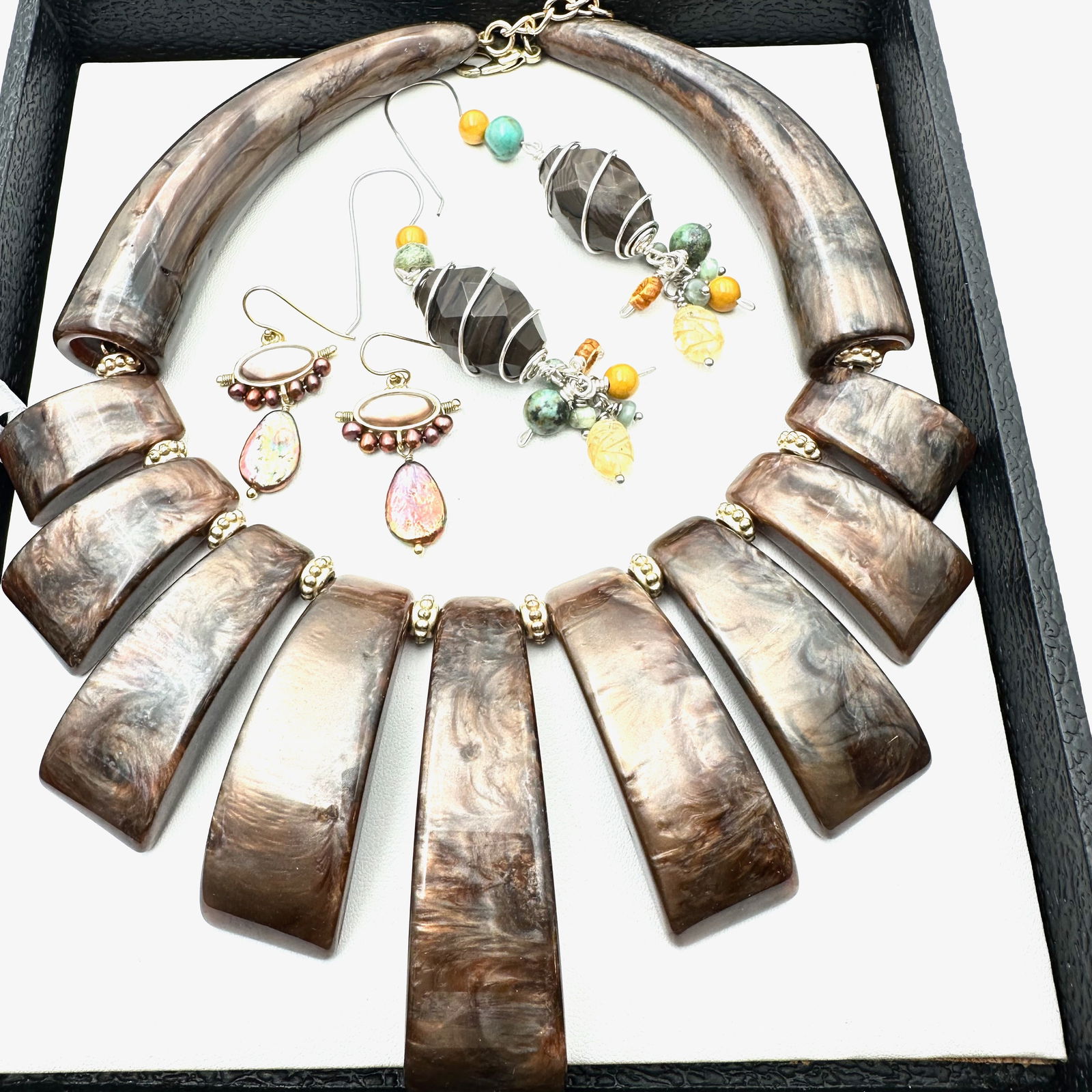 Jewelry Group Rara Avis by Iris Apfel Marbled Lucite Statement Necklace Real Gemstone Pearl Artisan (1 of 2)