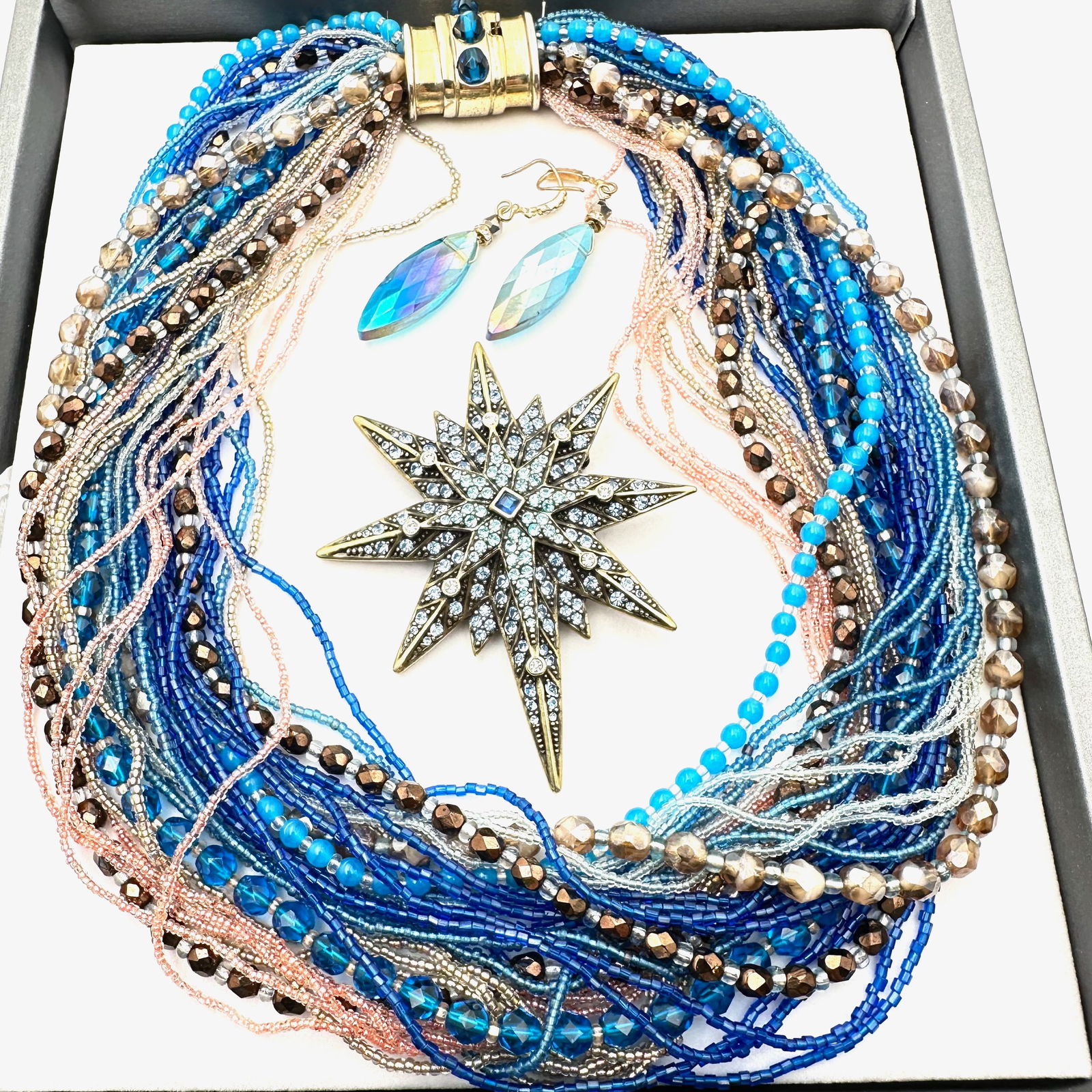 Jewelry Group Blue Glass Bead Multi Strand Necklace Rhinestone Brooch Glass Bead Earrings (1 of 2)