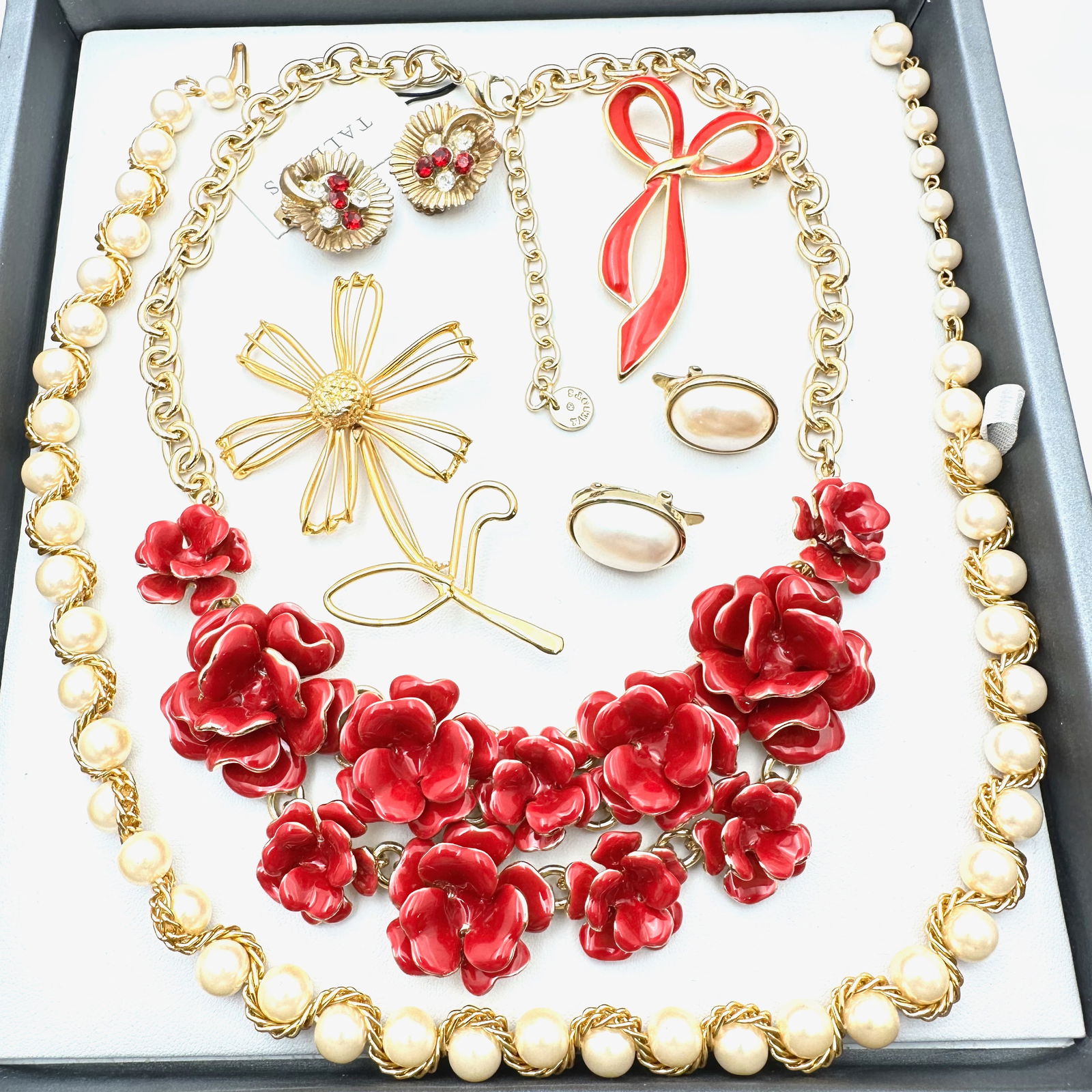 Jewelry Group Red Enamel Flower Statement Necklace Gold Tone Brooches Earrings Rhinestone (1 of 2)