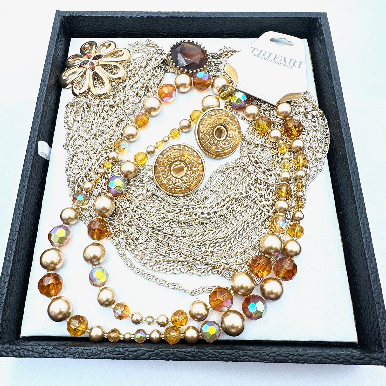 Jewelry Group Trifari Necklace Earrings Brooches Amber Color Glass Gold Tone (1 of 2)