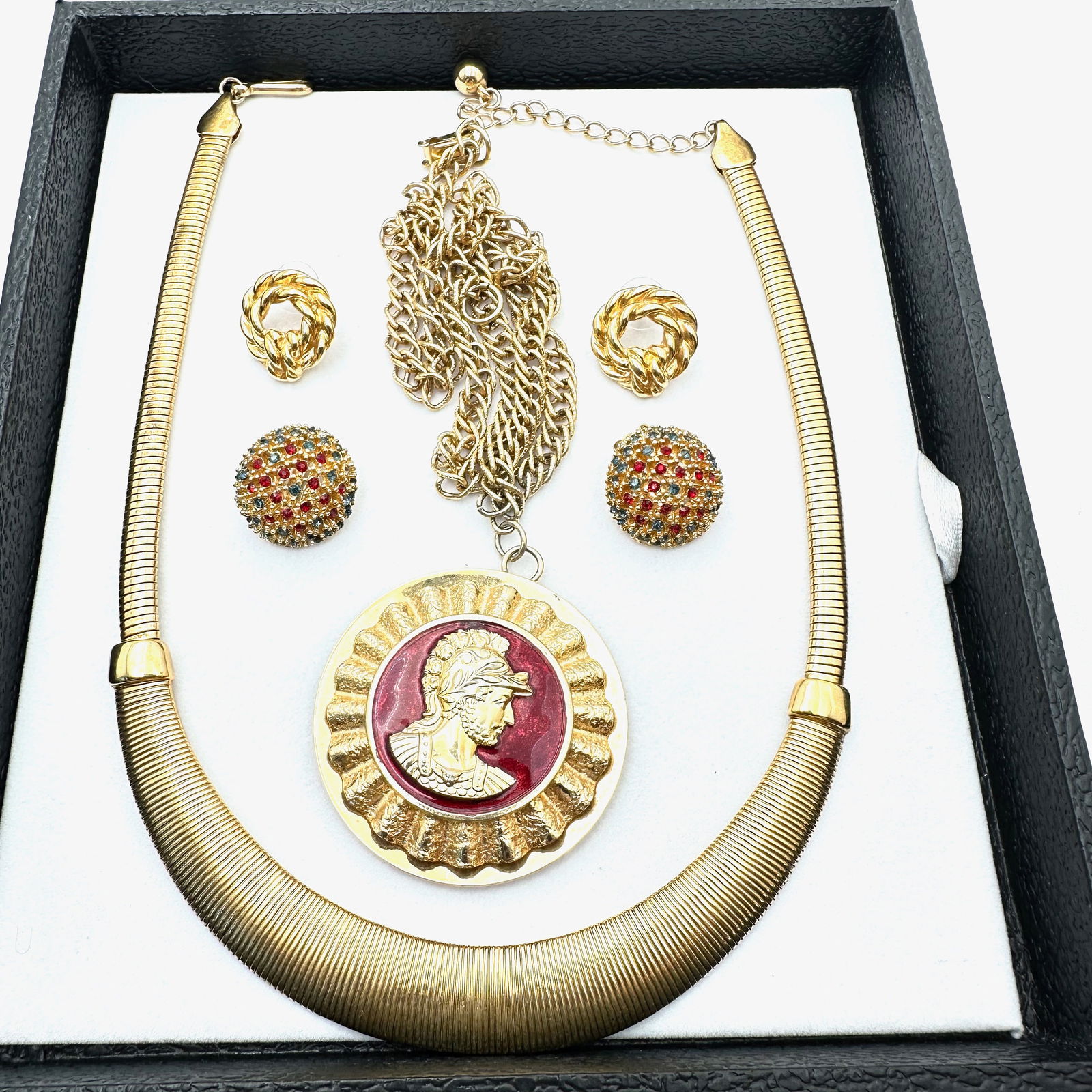 Jewelry Group  Gold Tone Rhinestone Earrings Tobogas Necklace Greek Soldier Pendant (1 of 2)