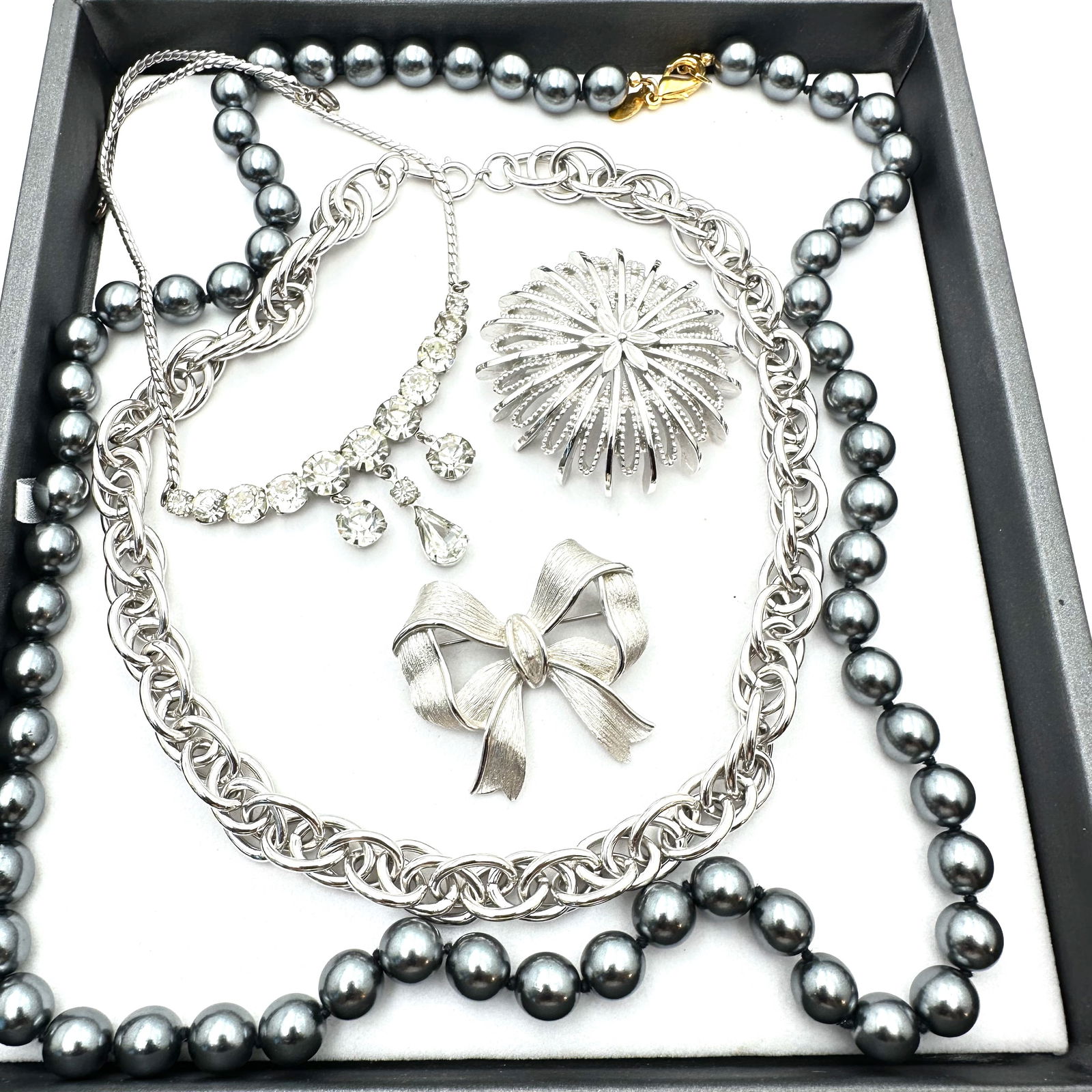 Jewelry Group Monet Joan Rivers Silver Tone Faux Black Pearls Clear Rhinestone Brooches Necklaces: Jewelry Group Monet Joan Rivers Silver Tone Faux Black Pearls Clear Rhinestone Brooches Necklaces