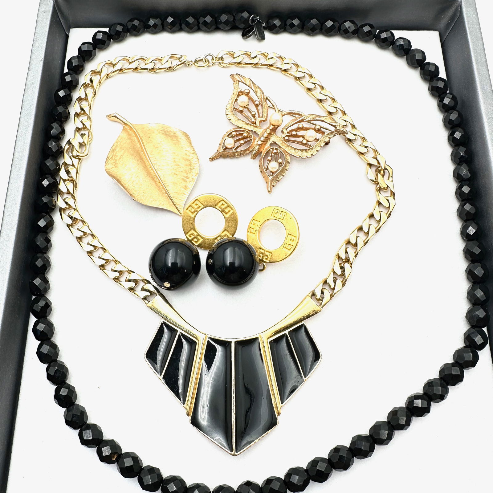 Jewelry Group Black Gold Tone Trifari Necklace Brooch Butterfly Black Glass Beads: Jewelry Group Black Gold Tone Trifari Necklace Brooch Butterfly Black Glass Beads