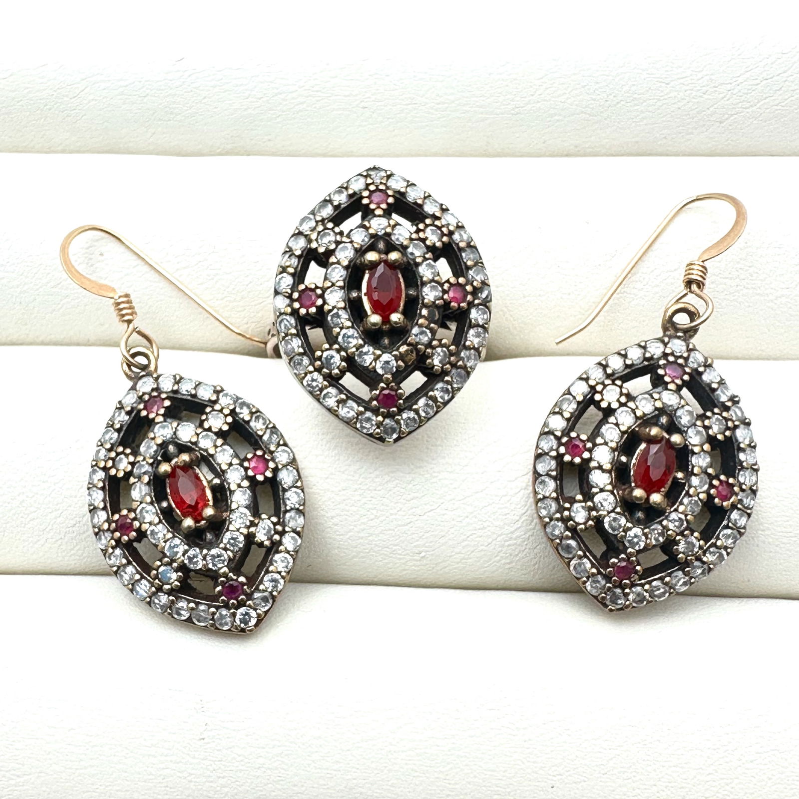 Sterling Silver Red Cubic Zirconia Pierced Earrings Ring Size 8.5 Set 19 Grams (1 of 2)