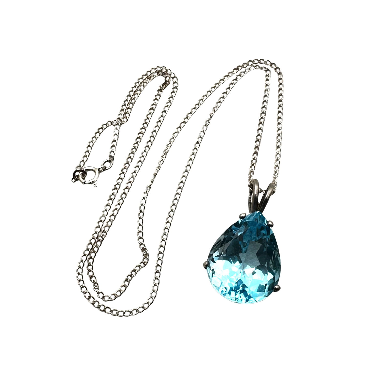 Large Blue Topaz Pear Shaped Pendant Sterling Silver Necklace 18 Inch Chain 8 Grams (1 of 2)