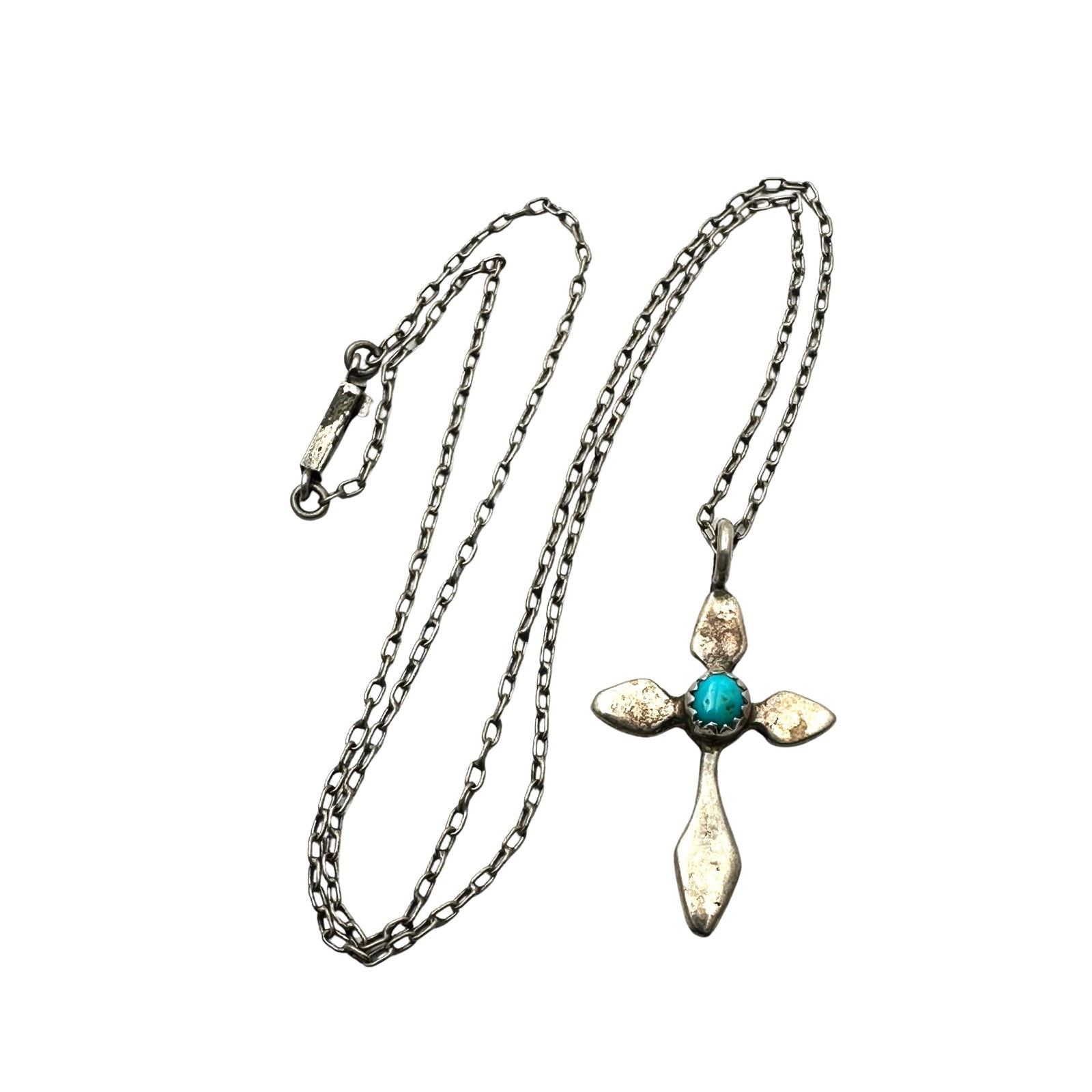 Vintage American Southwest Turquoise Sterling Silver Cross Pendant Necklace 18 Inch Chain 1.5 Inch (1 of 2)
