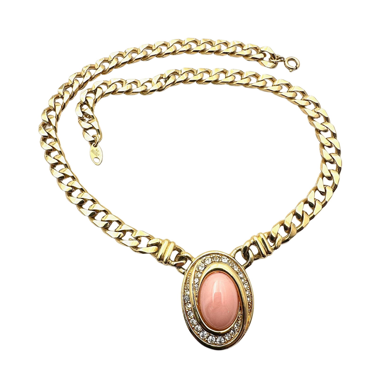 Vintage Trifari Pink Pendant Gold Tone Chain Necklace 16 Inch Length: Vintage Trifari Pink Pendant Gold Tone Chain Necklace 16 Inch Length
