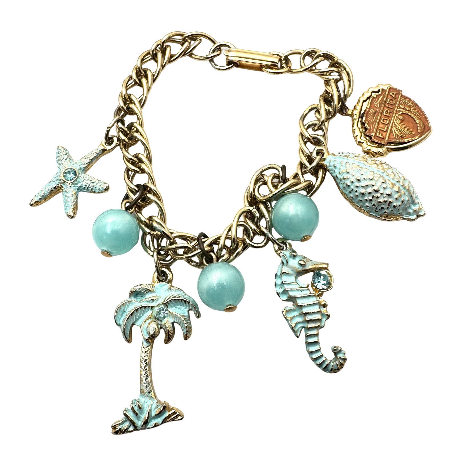 Vintage Florida Souvenir Charm Bracelet Palm Tree Sea Horse Starfish 7 Inch Gold Tone: Vintage Florida Souvenir Charm Bracelet Palm Tree Sea Horse Starfish 7 Inch Gold Tone
