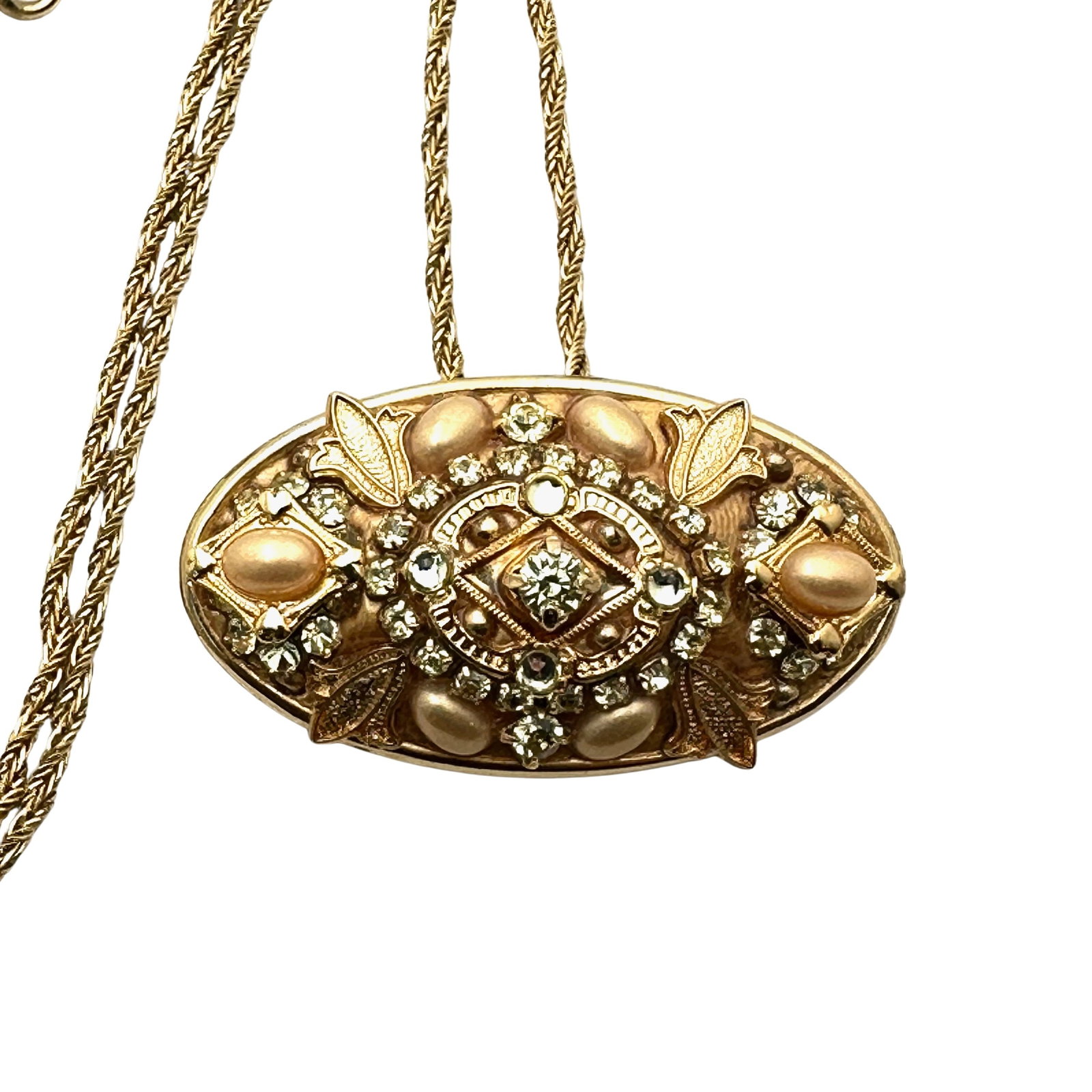 Vintage Michael Golan Pin Pendant Necklace Gold Tone 20 Inch Chain Crystal Faux Pearl: Vintage Michael Golan Pin Pendant Necklace Gold Tone 20 Inch Chain Crystal Faux Pearl