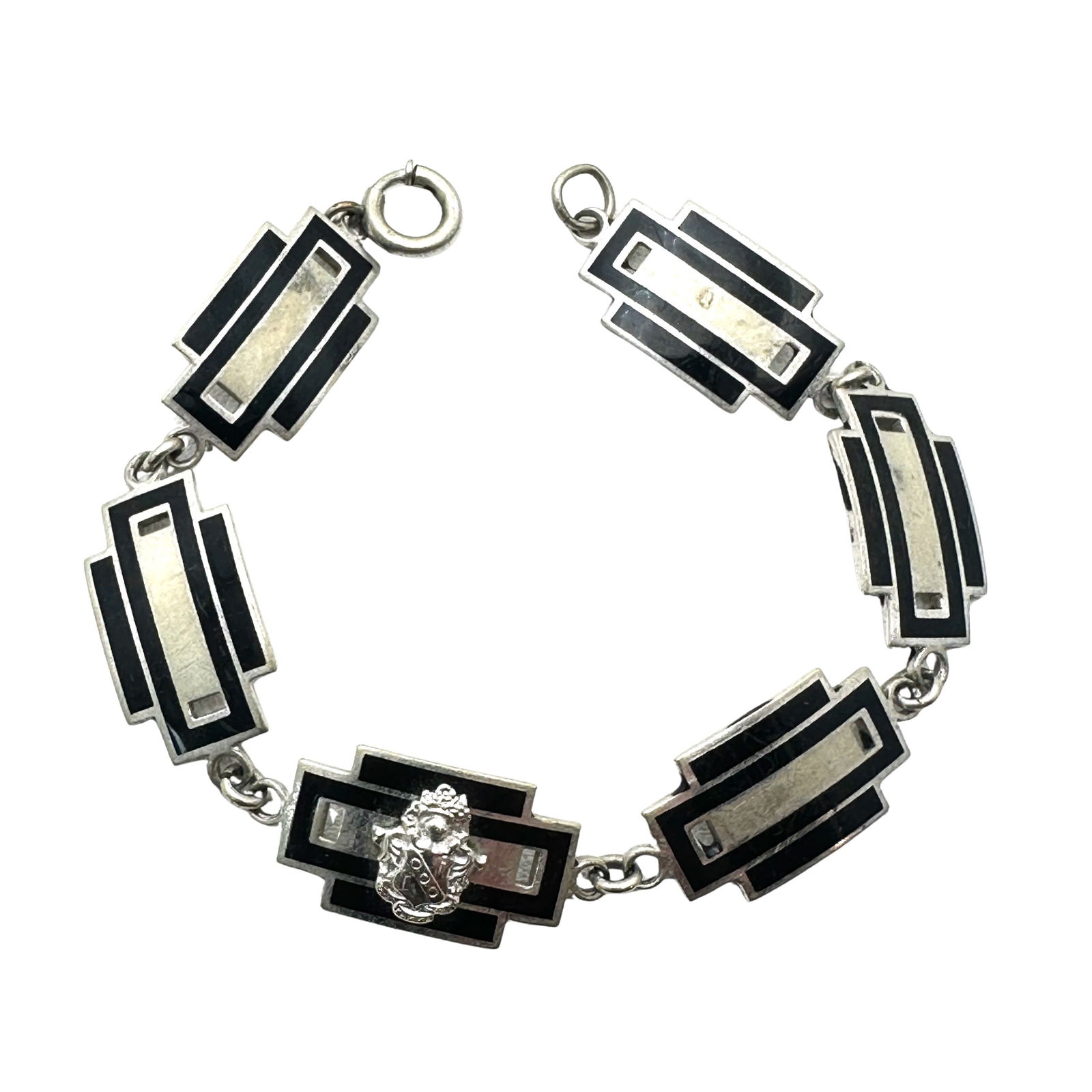 Vintage Black Enamel Sheild Design Silver Tone Panel Bracelet 7 Inch: Vintage Black Enamel Sheild Design Silver Tone Panel Bracelet 7 Inch