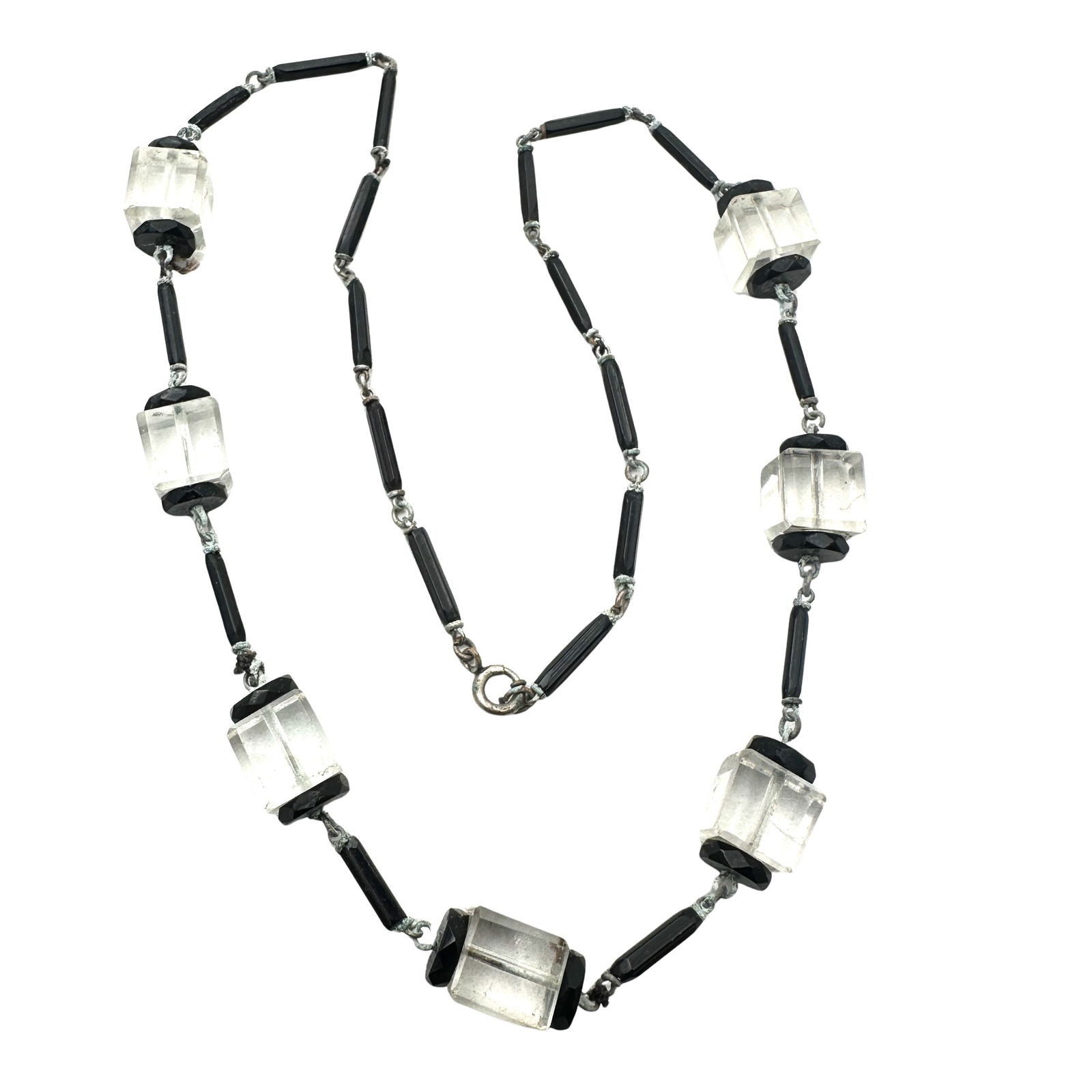Antique Art Deco Clear Black Glass Necklace 18 Inch Length Silver Tone (1 of 2)