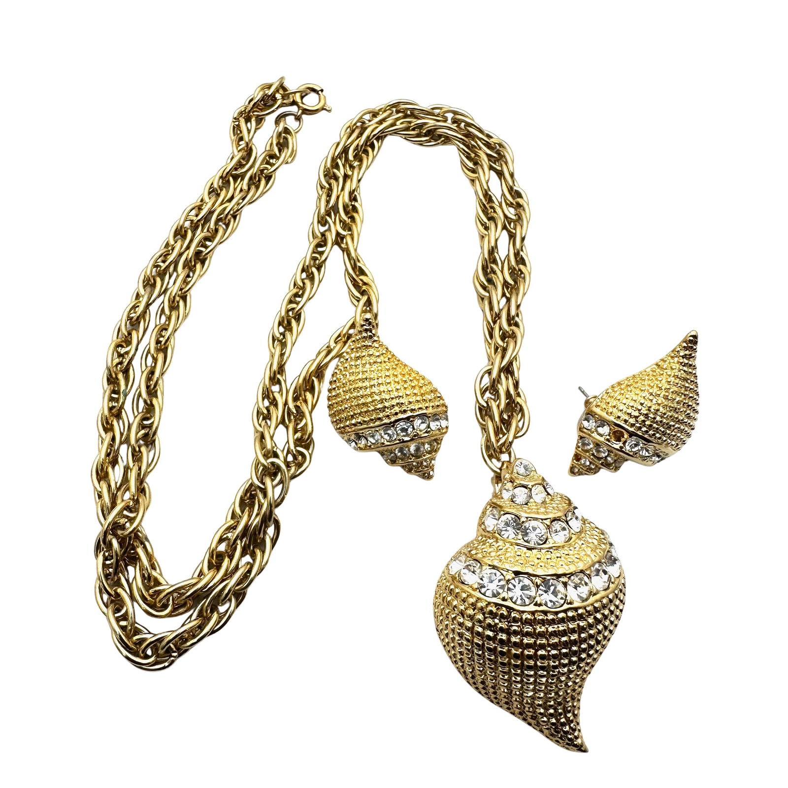 Vintage Kenneth Jay Lane Crystal Sea Shell Pendant Necklace Pierced Earrings Set Gold Tone (1 of 2)
