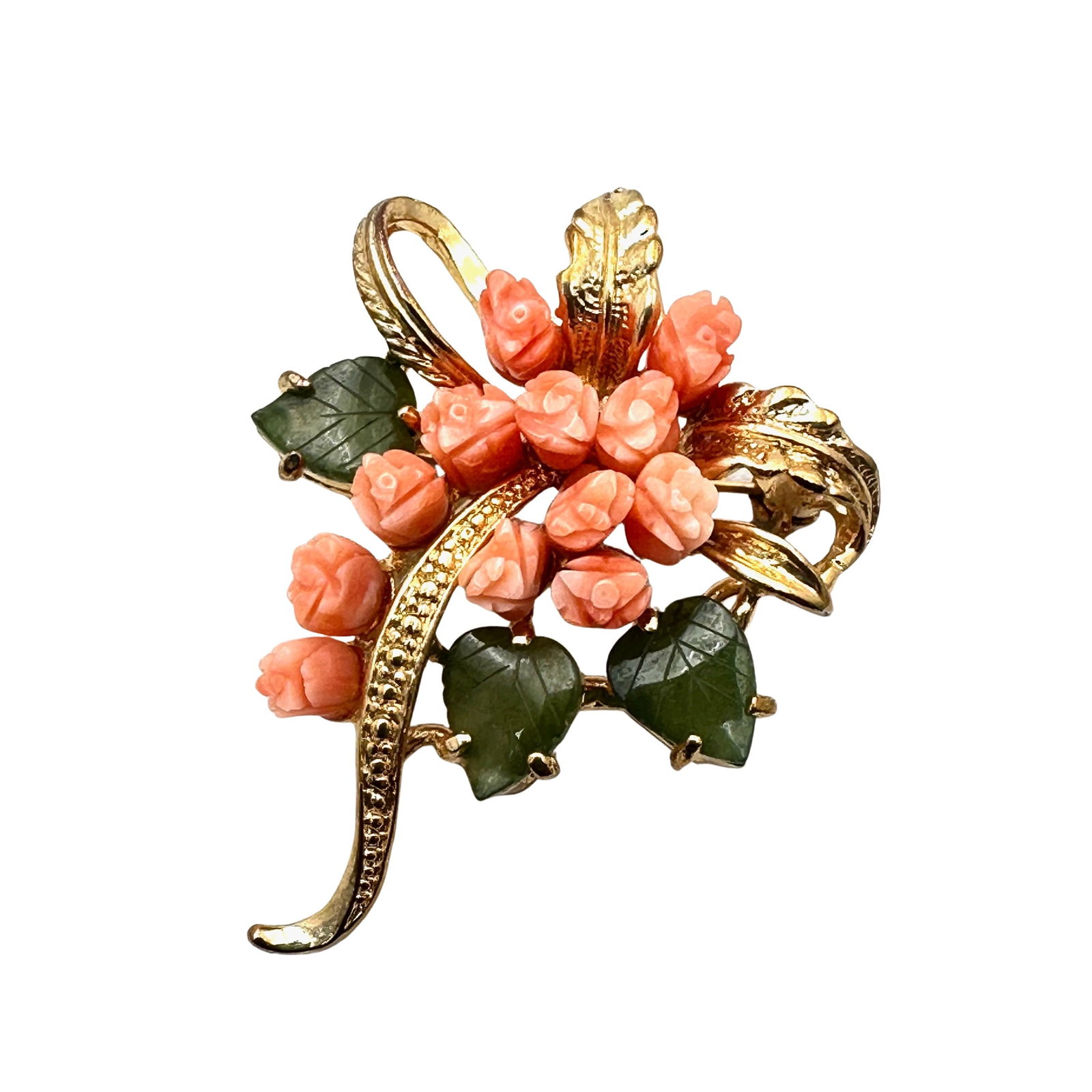 Vintage Natural Carved Angel Skin Coral Green Jade Gold Plated Brooch Pin 2 Inch Length: Vintage Natural Carved Angel Skin Coral Green Jade Gold Plated Brooch Pin 2 Inch Length