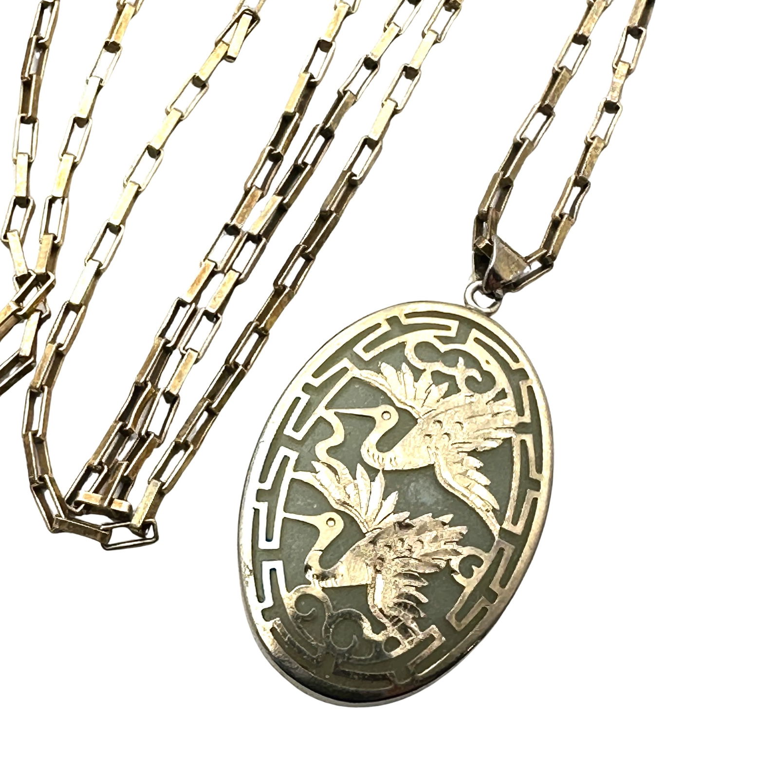 Vintage Green Jade Pendant Gold Over Sterling Silver Necklace 30 Inch Chain 15 Grams (1 of 2)