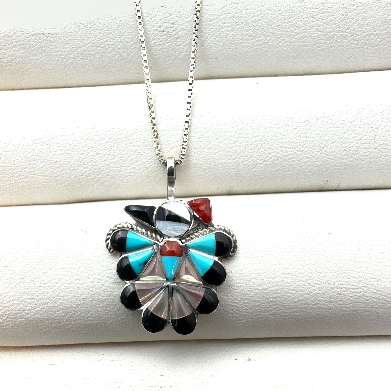 Vintage Native American Multi Gemstone Zuni Sterling Silver Pendant Necklace 17 Inch Chain (1 of 2)