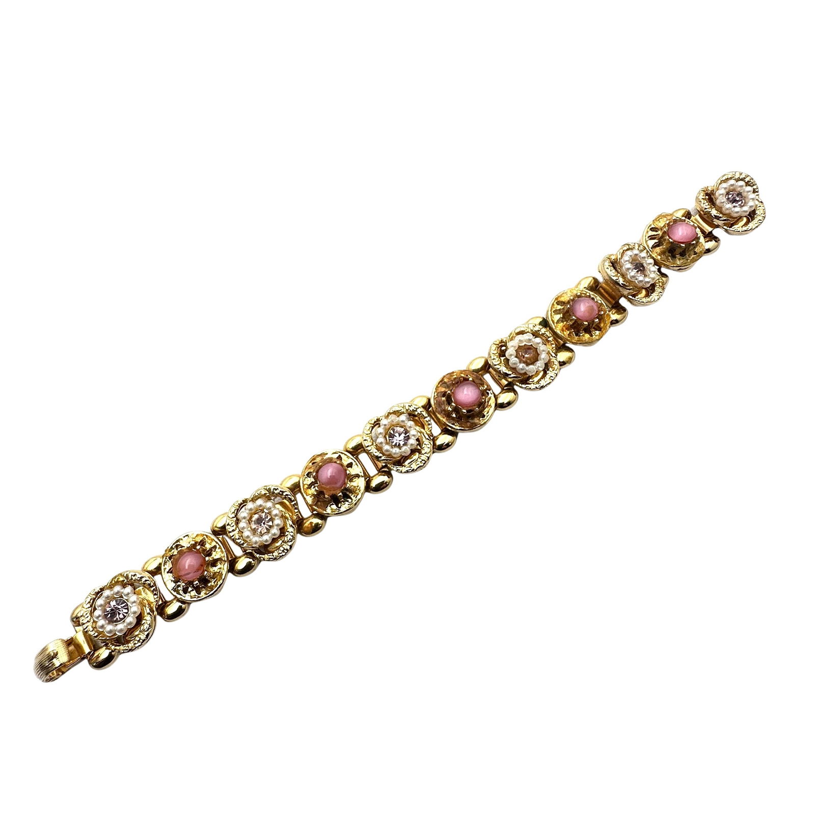 Vintage Pink Cats Eye Faux Pearl Gold Tone Book Chain Bracelet 7 Inch (1 of 2)