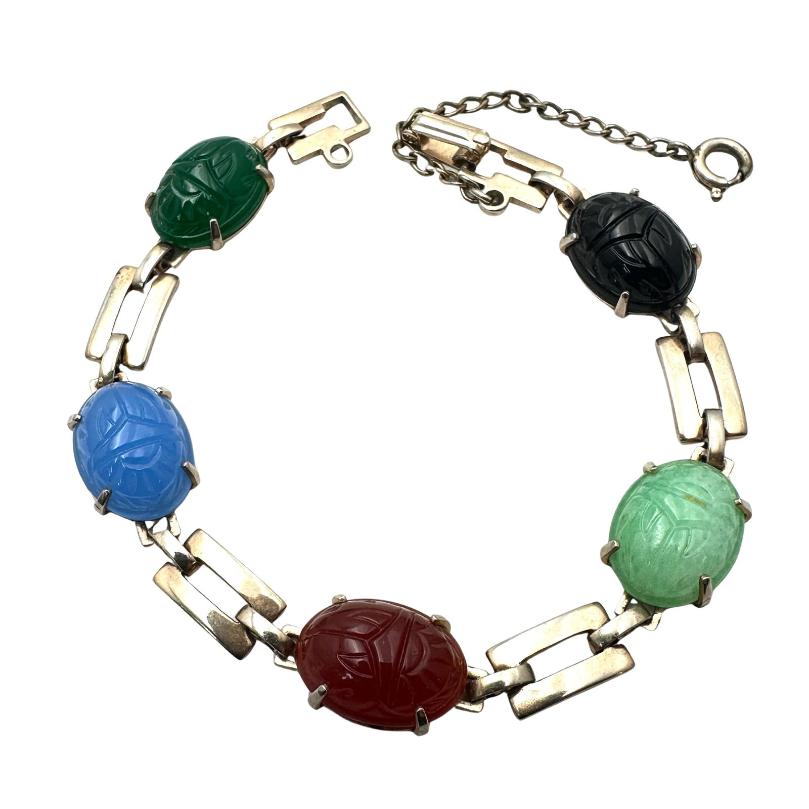 Vintage Natural Gemstone Scarab Gold Tone Bracelet 7.5 Inch Length (1 of 2)
