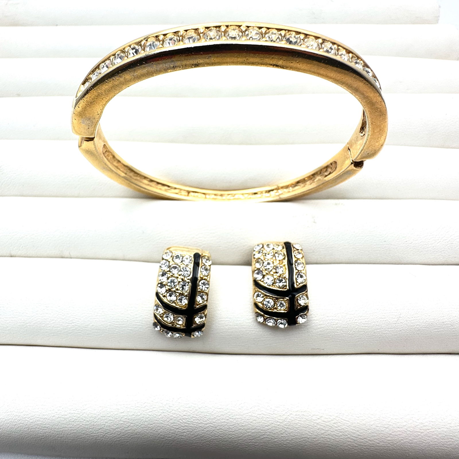 Vintage Clear Glass Rhinestone Gold Tone Hinged Bangle Bracelet & Coordinating Pierced Earrings (1 of 2)