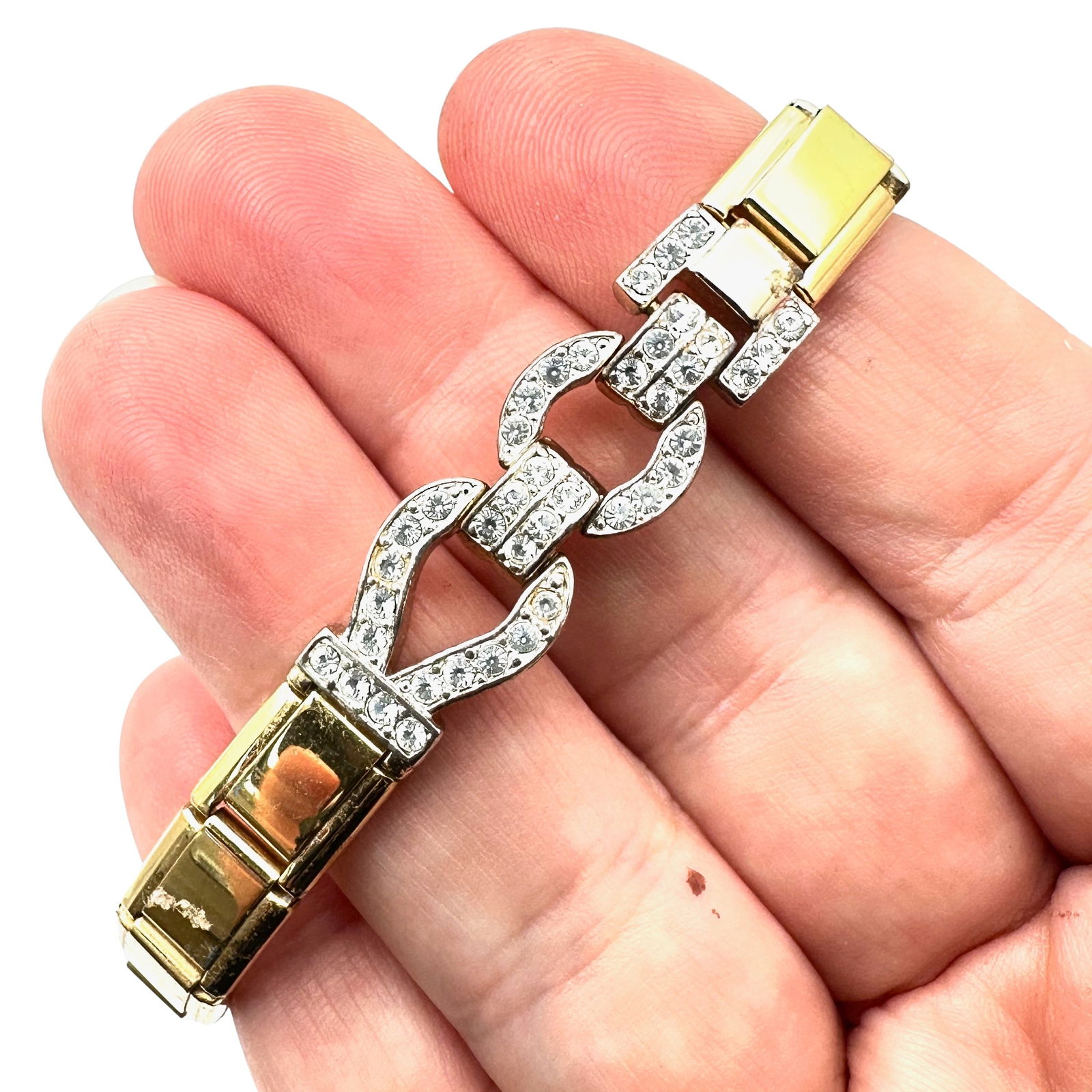 Vintage Older Monet Clear Glass Rhinestone Expansion Gold Tone Bracelet: Vintage Older Monet Clear Glass Rhinestone Expansion Gold Tone Bracelet