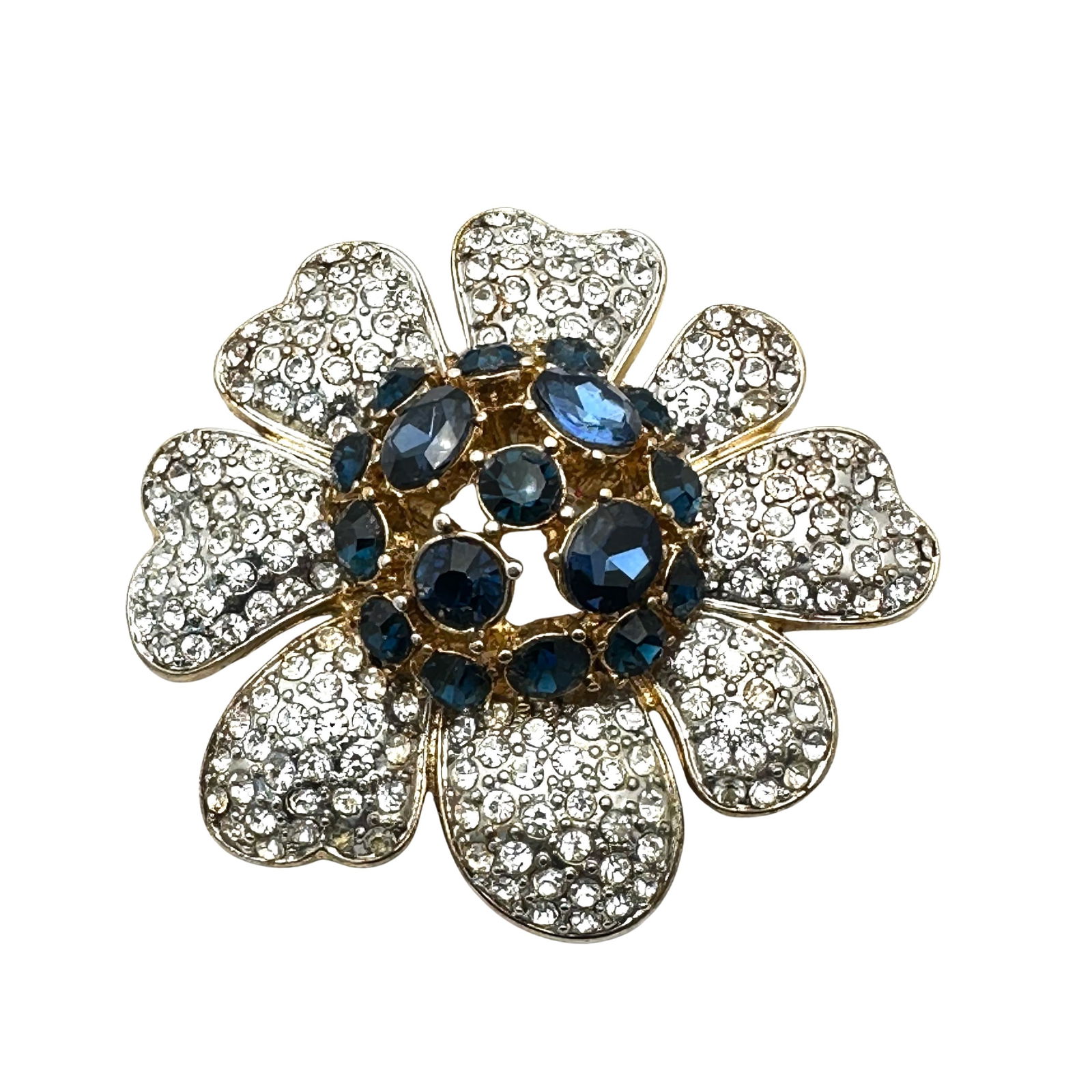 Vintage Domed Blue Clear Glass Rhinestone Flower Gold Tone Brooch Pin 2.5 Inch (1 of 2)