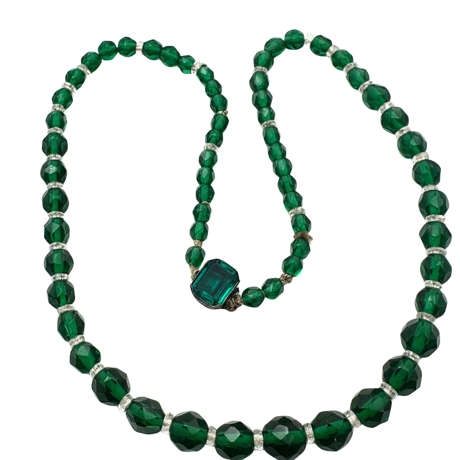 Antique Dark Green Clear Glass Bead Necklace 16 Inch Rhinestone Clasp: Antique Dark Green Clear Glass Bead Necklace 16 Inch Rhinestone Clasp