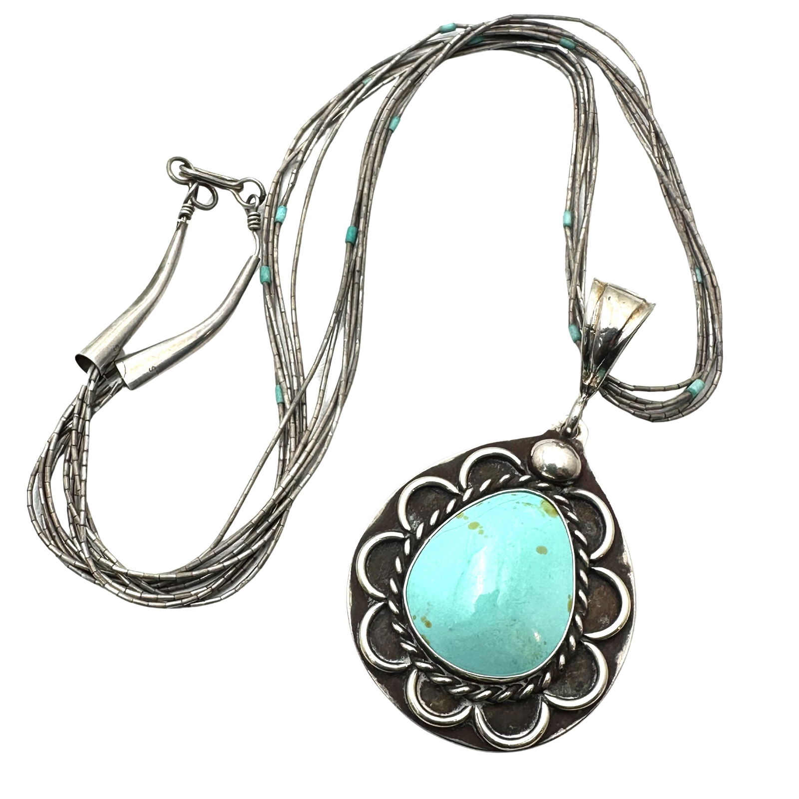 Vintage Native American Liquid Silver Turquoise Pendant Necklace 18 Inch 25 Grams (1 of 2)
