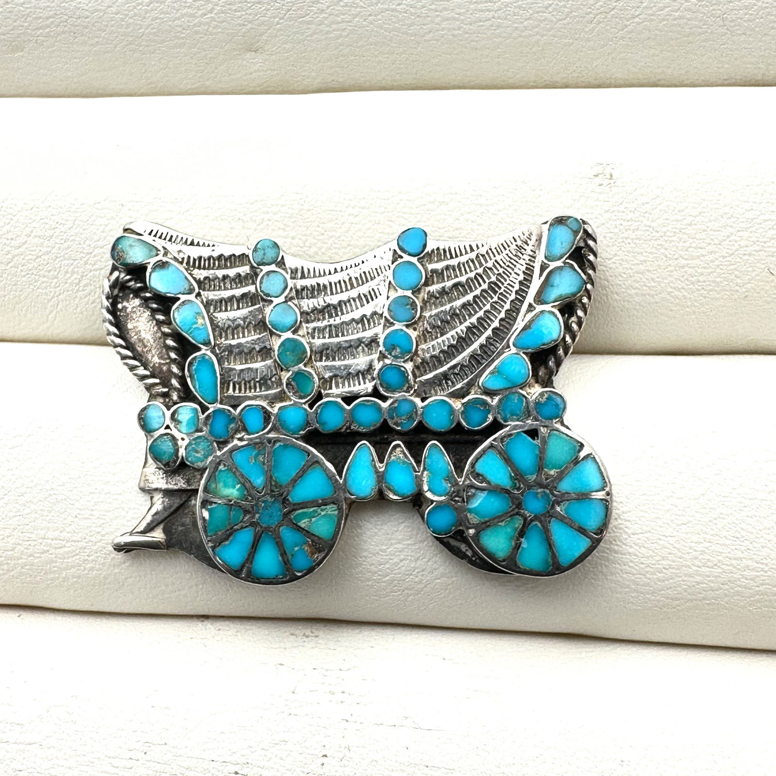 Vintage Native American Inlay Turquoise Covered Wagon Sterling Silver Brooch Pin Pendant 1.5 Inch (1 of 2)
